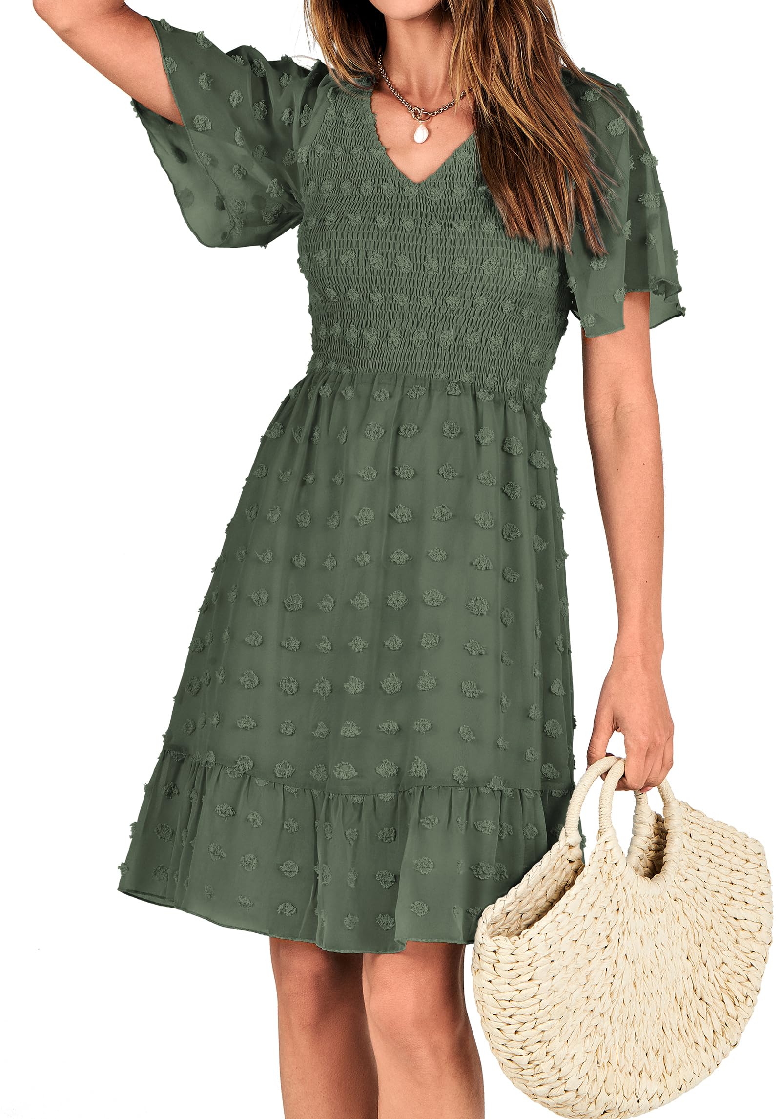 FreshPretty Womens Beach Vacation Dress Summer V Neck Short Sleeve Smocked Swiss Dot Cute Ruffle Casual Fall Mini Dresses