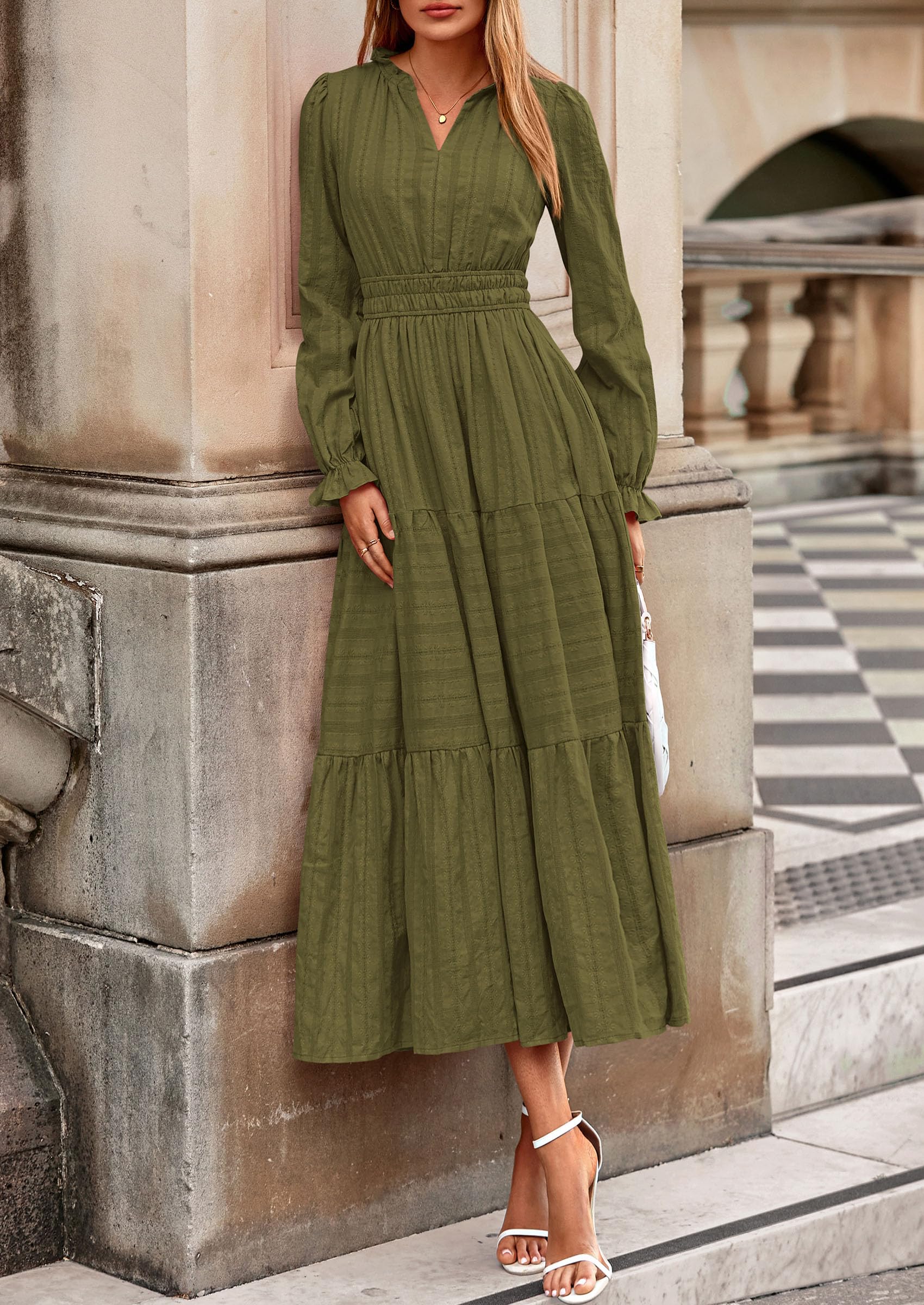 PRETTYGARDEN Women's Fall Wedding Guest Dresses Long Sleeve V Neck Flowy Elegant Holiday Party Maxi Dress with Pockets