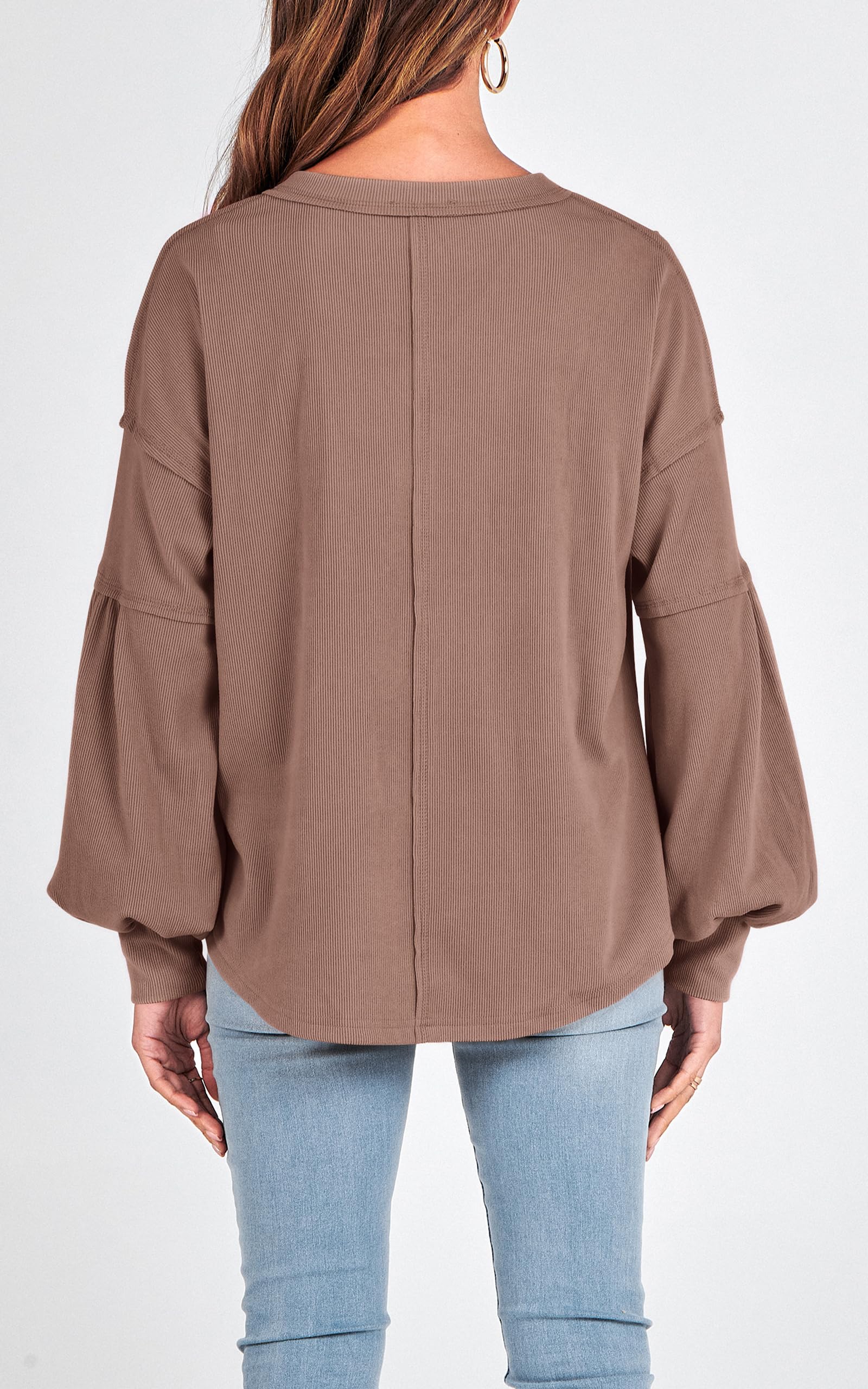 FreshPretty Womens Fall Fashion Long Sleeve Shirts Casual V Neck Ribbed Knit Blouses Pullover Trendy Loose Fit Tunic Tops