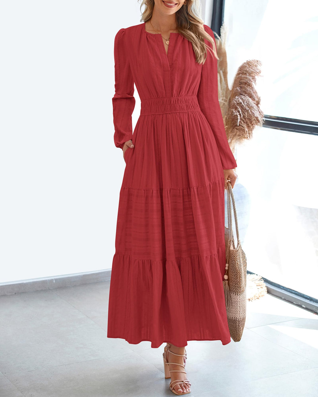 FreshPretty Fall Dresses for Women Casual Long Sleeve V Neck Elastic Waist Lightweight Maxi Wedding Guest Dress Pockets