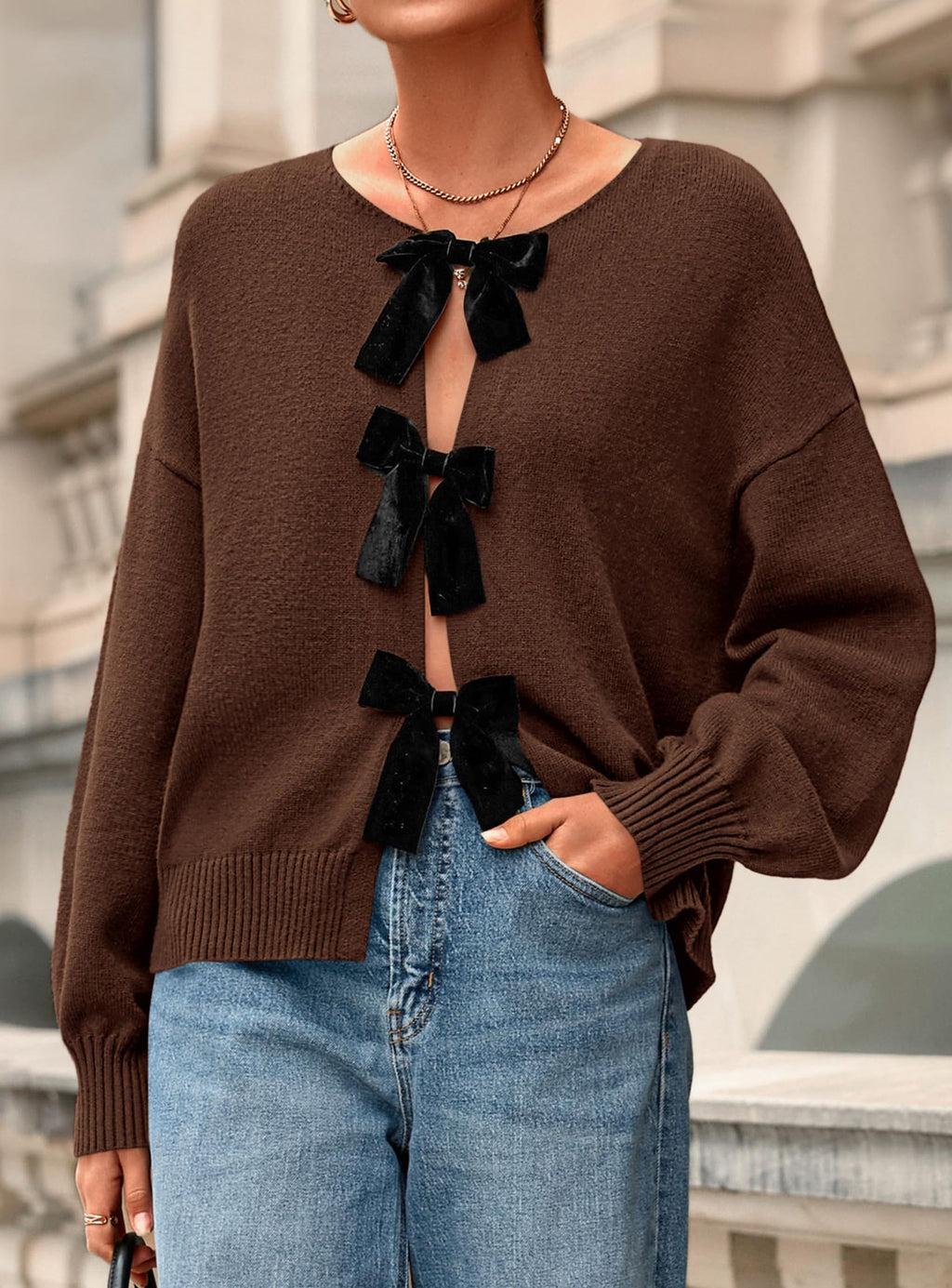 PRETTYGARDEN Cardigan Sweaters for Women Fall Fashion Bow Tie Front Long Sleeve Knit Sweater Tops Cute Winter Clothes