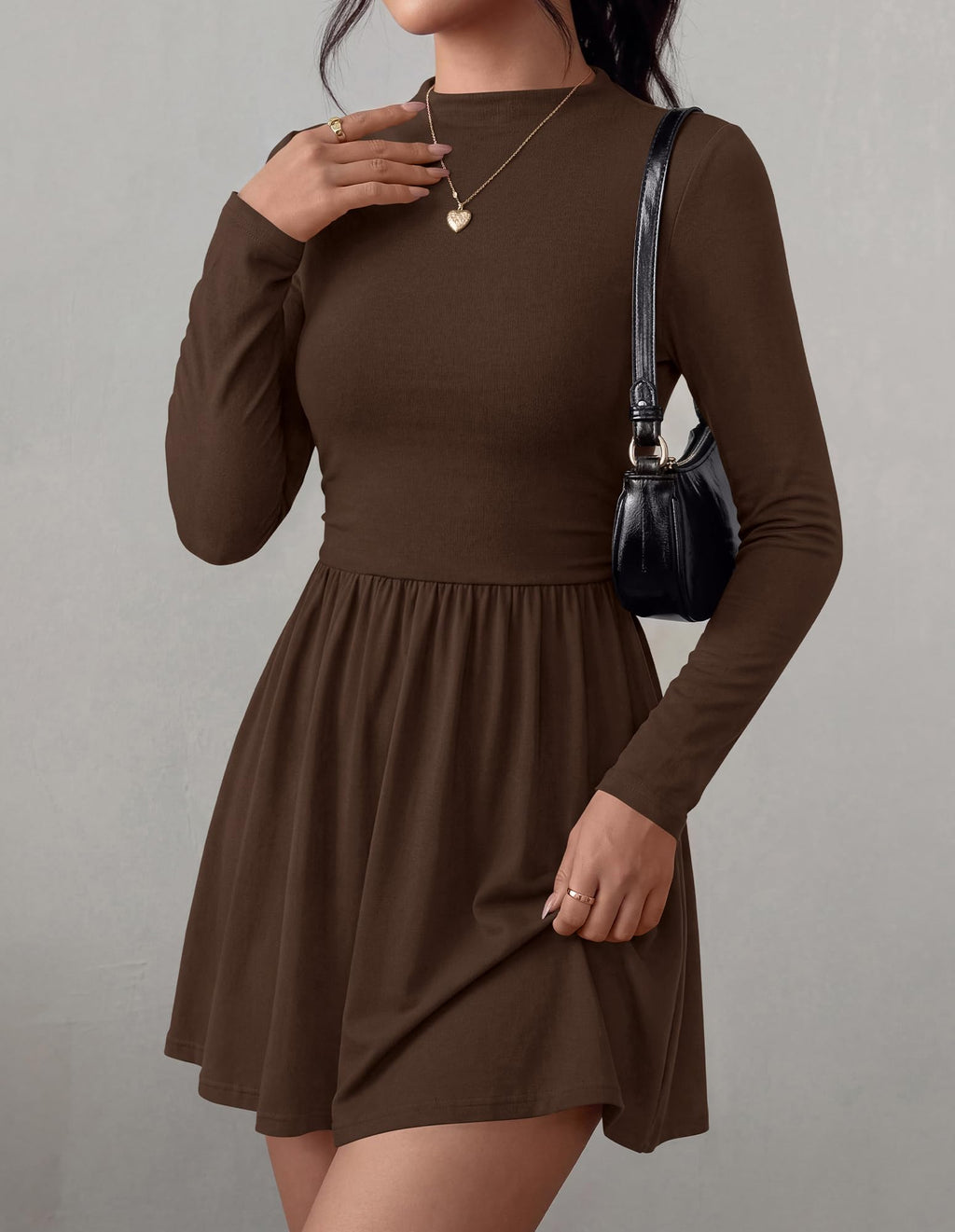 BTFBM Long Sleeve Dresses for Women Mock Neck A Line Flowy Mini Dress Swing Pleated Hem,Cocktail Party Club Holiday Going Out Outfits,Dressy Casual Winter,Trendy Early Fall Fashion Clothing