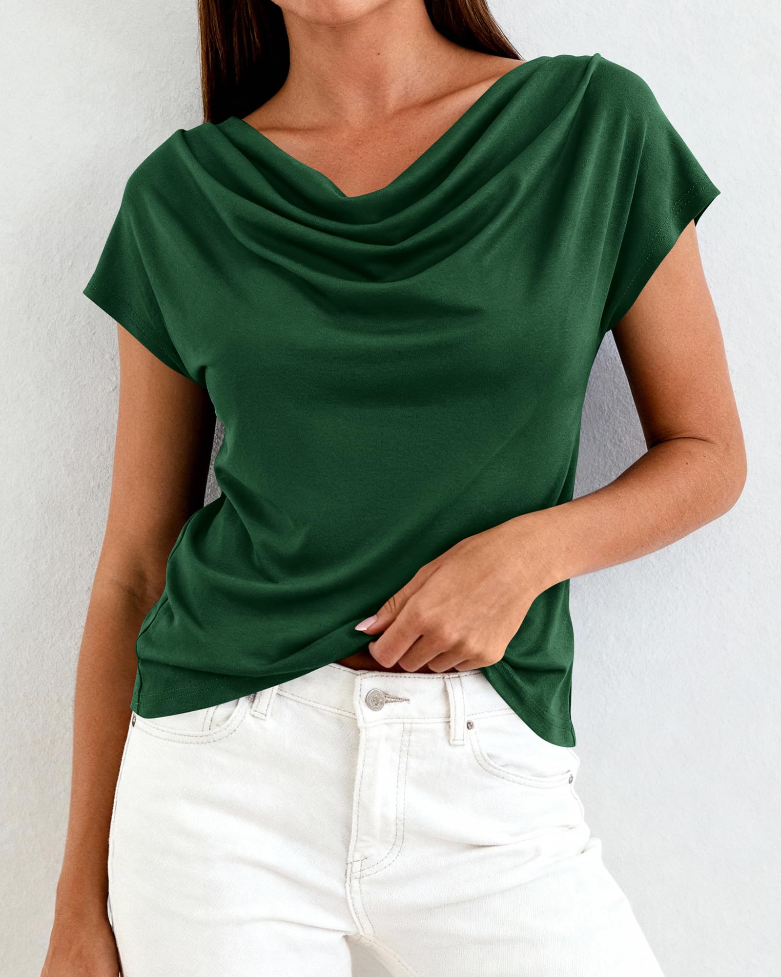 FreshPretty Blouses for Women Dressy Casual Spring Summer Tops Cowl Neck Short Sleeve Shirts Work Office Business Outfits