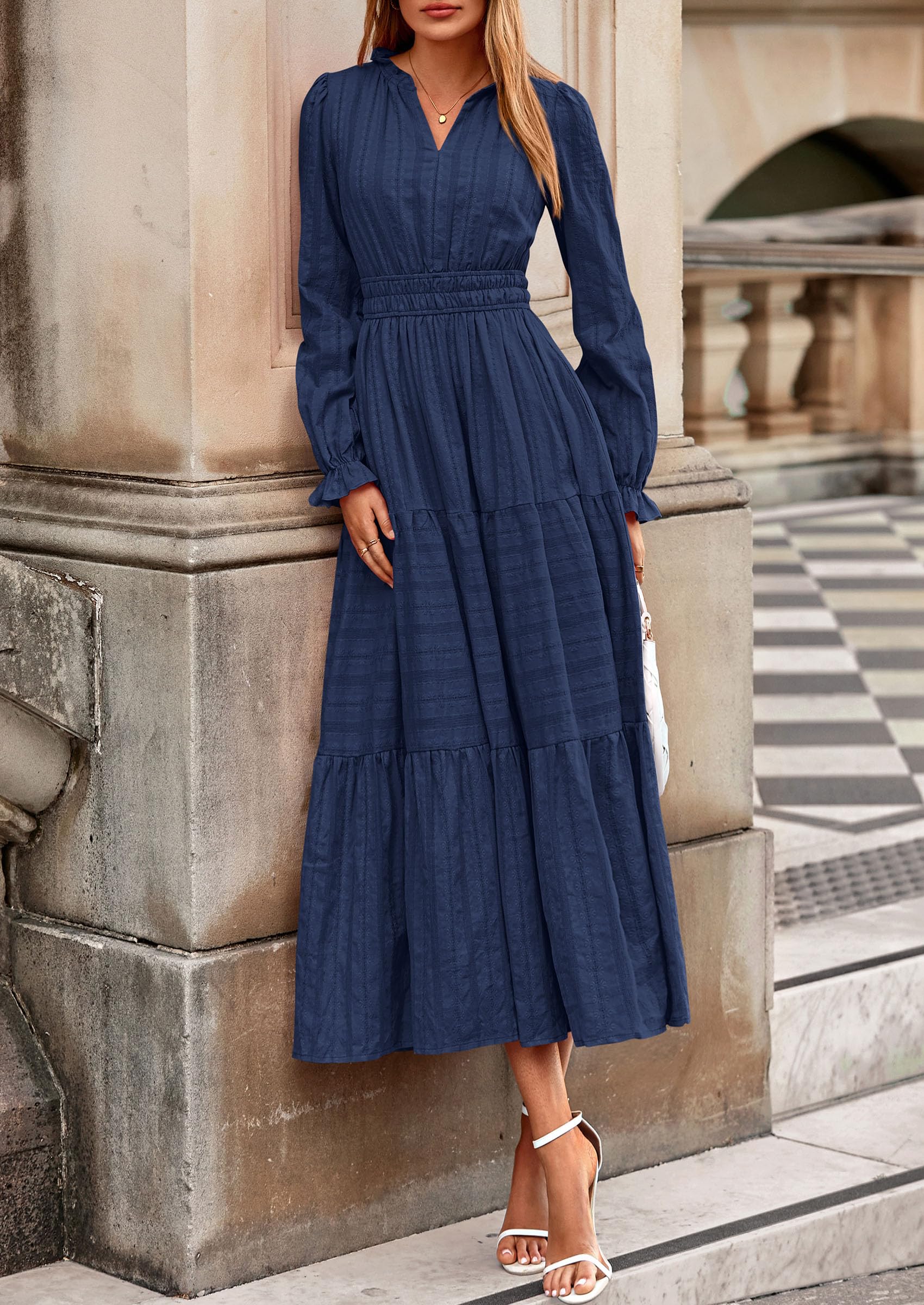 PRETTYGARDEN Women's Fall Wedding Guest Dresses Long Sleeve V Neck Flowy Elegant Holiday Party Maxi Dress with Pockets