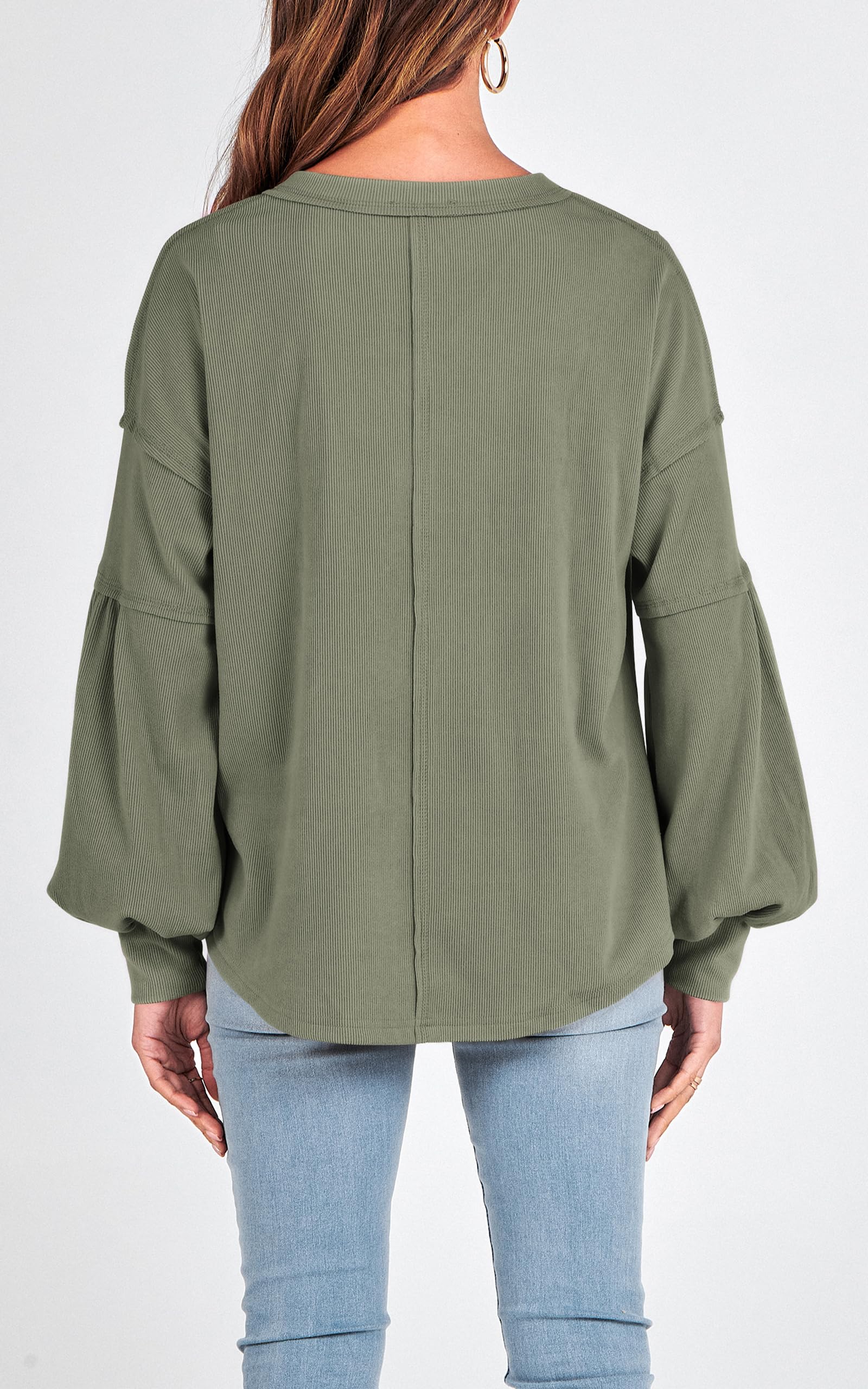 FreshPretty Womens Fall Fashion Long Sleeve Shirts Casual V Neck Ribbed Knit Blouses Pullover Trendy Loose Fit Tunic Tops