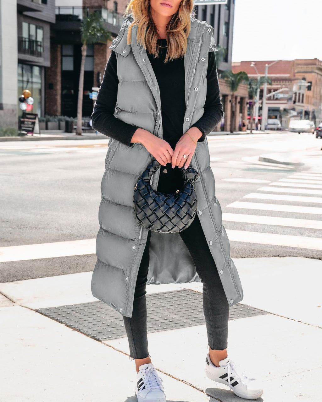 FreshPretty Long Puffer Vest Women Quilted Hooded Button Down Zip Up Sleeveless Vests Outerwear Padded Jacket Fall Winter Coat