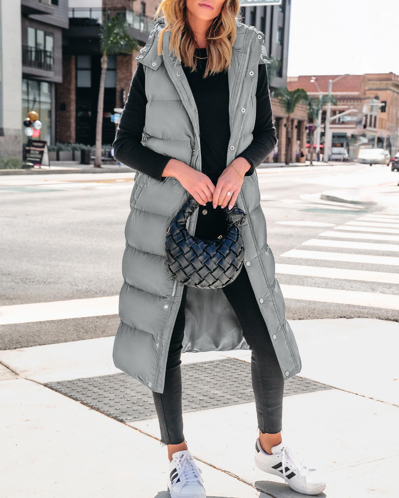 FreshPretty Long Puffer Vest Women Quilted Hooded Button Down Zip Up Sleeveless Vests Outerwear Padded Jacket Fall Winter Coat