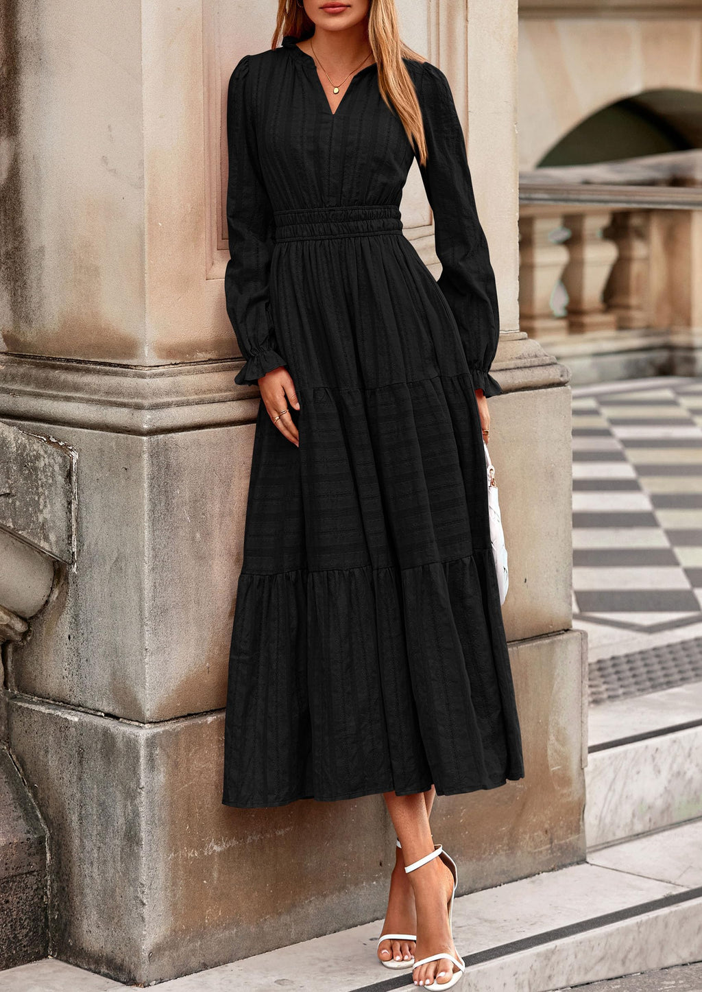 PRETTYGARDEN Women's Fall Wedding Guest Dresses Long Sleeve V Neck Flowy Elegant Holiday Party Maxi Dress with Pockets