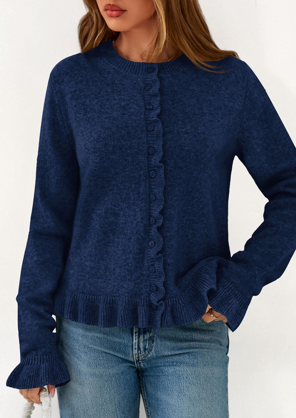 PRETTYGARDEN Womens Fall Button Down Cardigans Chunky Knit Ruffle Open Front Cropped Cardigan Sweaters Soft Long Sleeve Tops