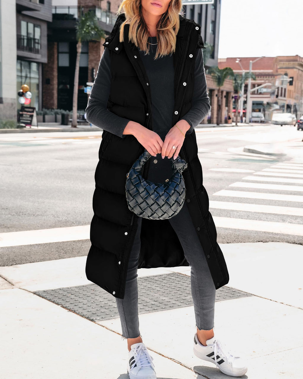 FreshPretty Long Puffer Vest Women Quilted Hooded Button Down Zip Up Sleeveless Vests Outerwear Padded Jacket Fall Winter Coat