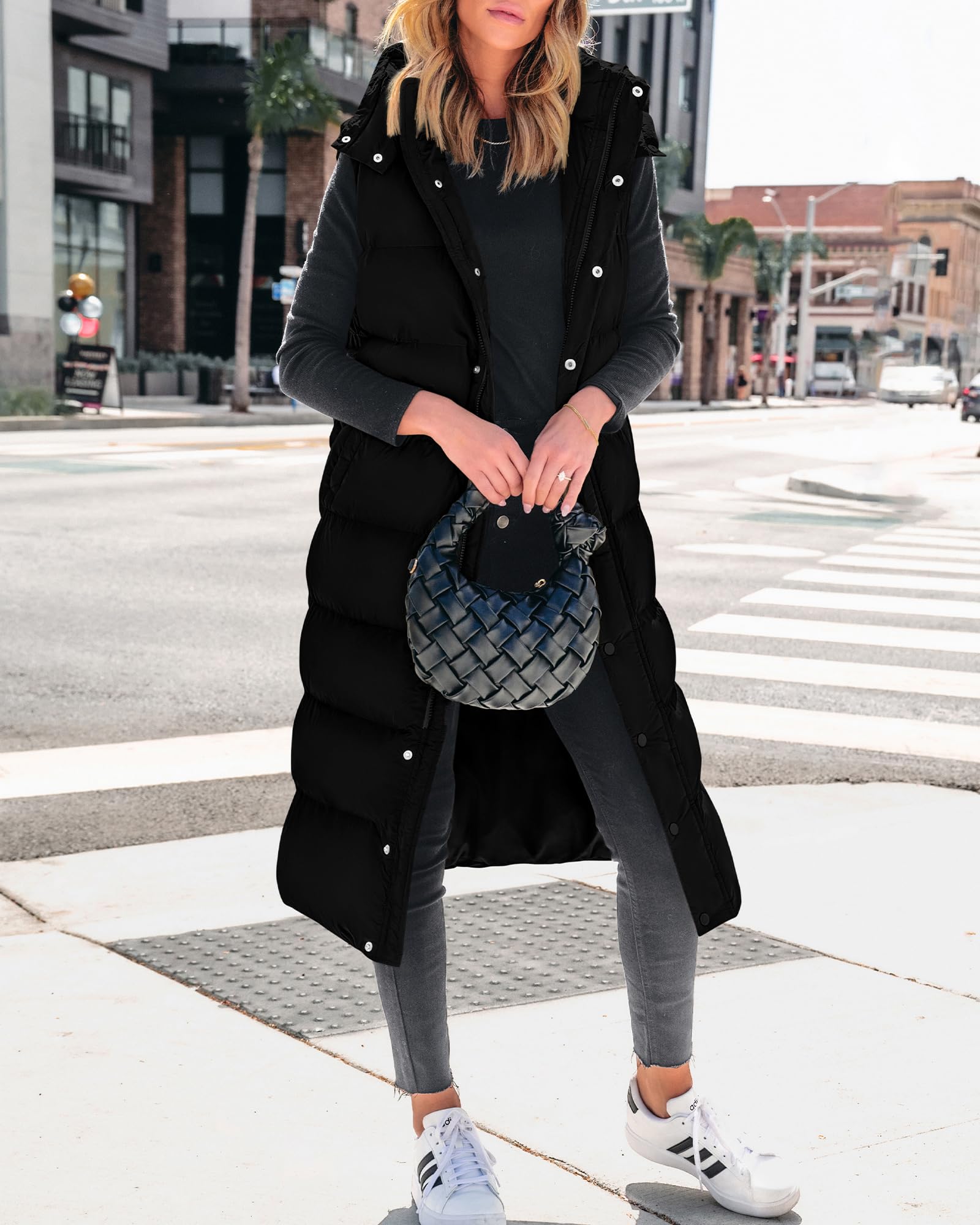 FreshPretty Long Puffer Vest Women Quilted Hooded Button Down Zip Up Sleeveless Vests Outerwear Padded Jacket Fall Winter Coat