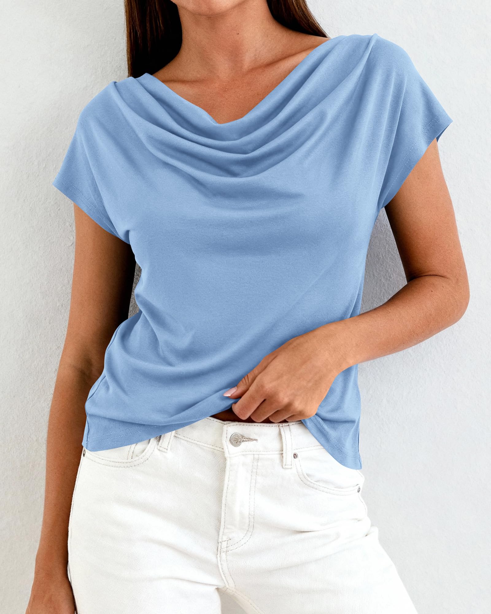 FreshPretty Blouses for Women Dressy Casual Spring Summer Tops Cowl Neck Short Sleeve Shirts Work Office Business Outfits