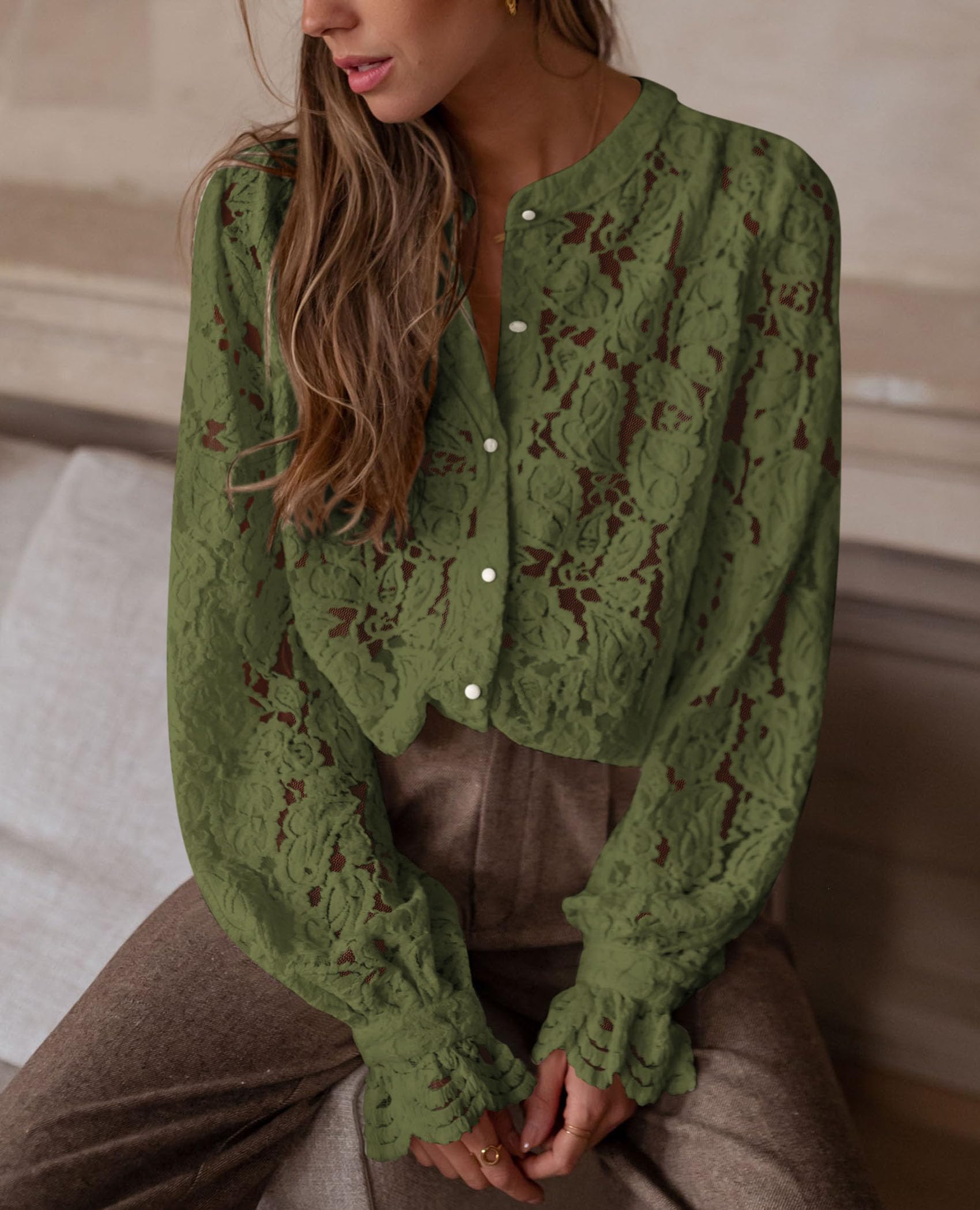 PRETTYGARDEN Women's Dressy Casual Lace Blouse Long Sleeve Button Up Shirts Tops Spring Fall Fashion Clothes