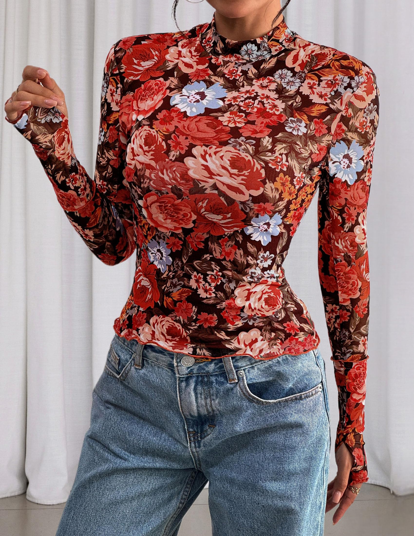 PRETTYGARDEN Womens Fall Mesh Floral Blouses Long Sleeve Going Out Tops Slim Fitted Shirts Date Night Outfits