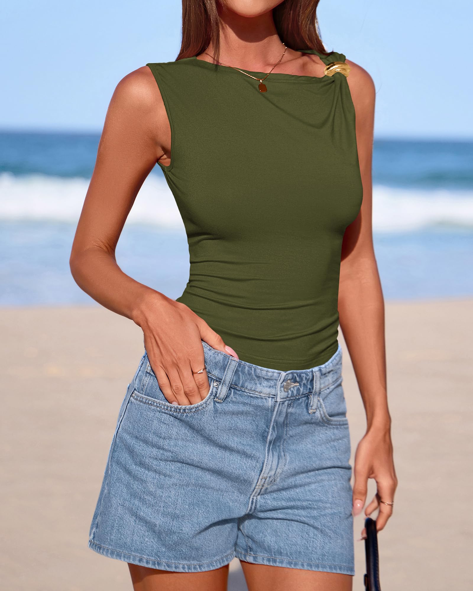 FreshPretty Spring Tops for Women Asymmetrical Neck Sleeveless Going Out Summer Outfits Casual Ruched Y2k Tank Top Clothes