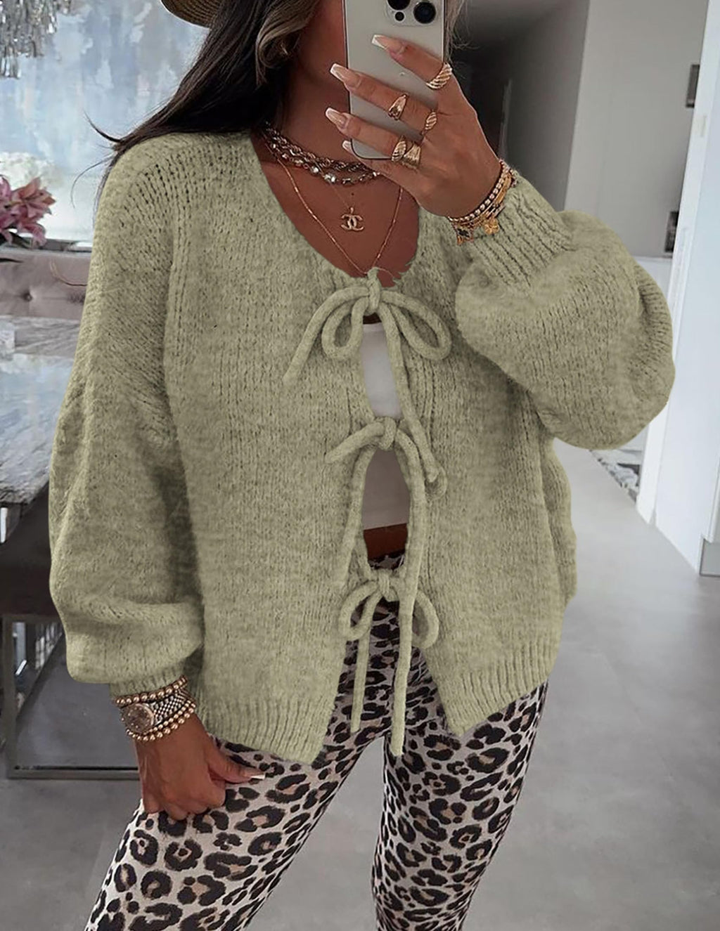 PRETTYGARDEN Women's Tie Front Bow Cardigan Sweaters Chunky Knit Long Puff Sleeve Trendy Fall Winter Jacket Coat