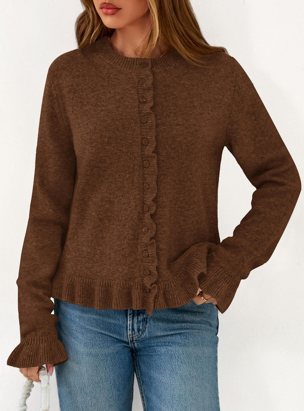 PRETTYGARDEN Womens Fall Button Down Cardigans Chunky Knit Ruffle Open Front Cropped Cardigan Sweaters Soft Long Sleeve Tops