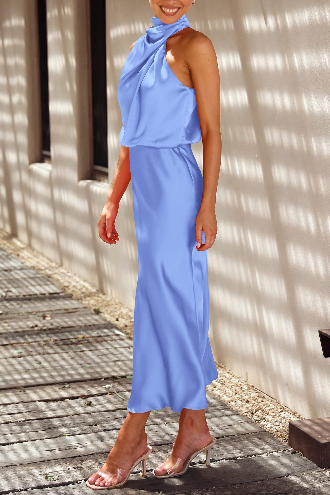 PRETTYGARDEN Women's Summer Satin Dress Elegant Sleeveless Mock Neck Cocktail Party Maxi Dresses