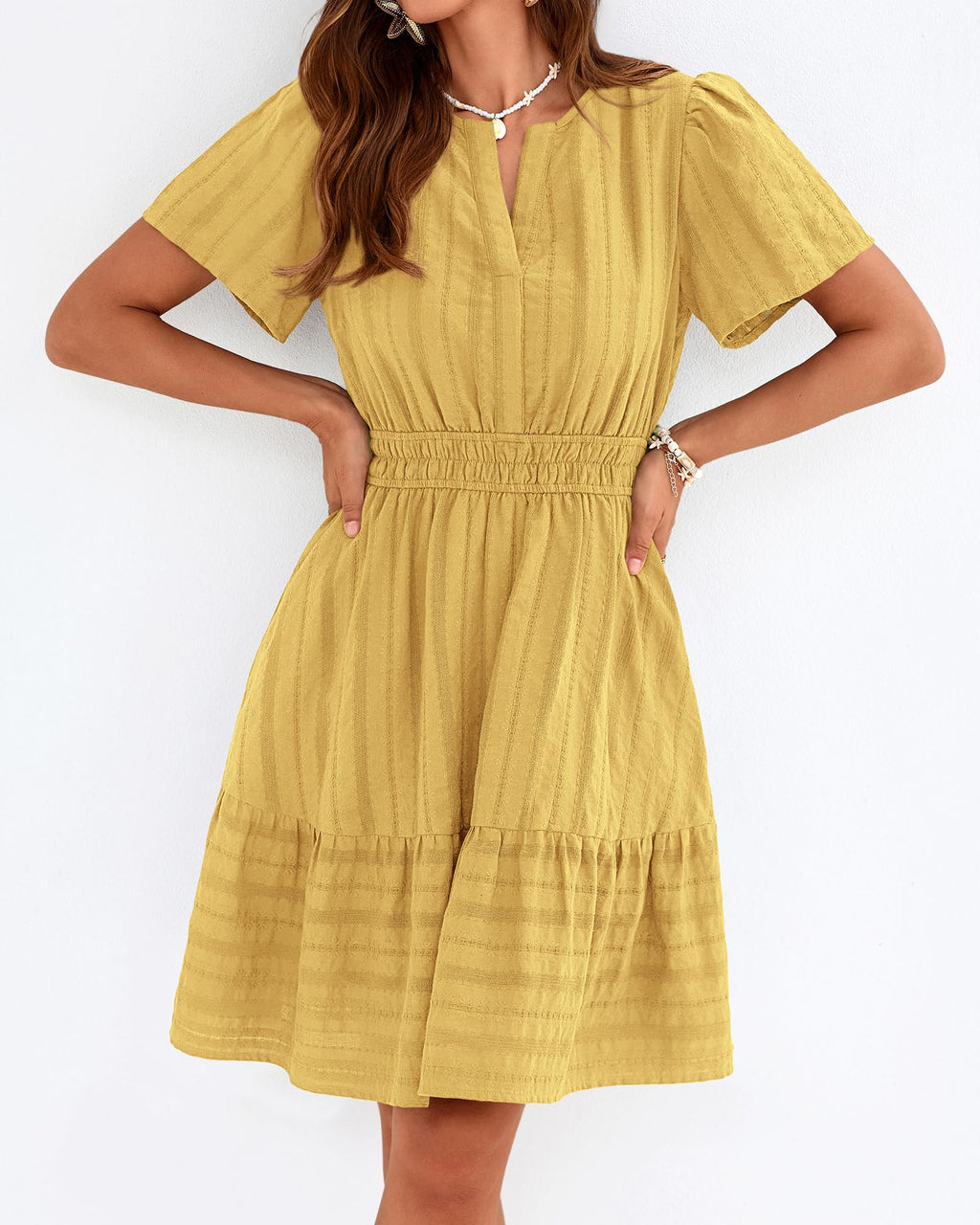 BTFBM Womens Spring  Casual Mini Dresses Lightweight Short Sleeve V Neck Elastic Waist Cute Boho Beach Dress Pockets
