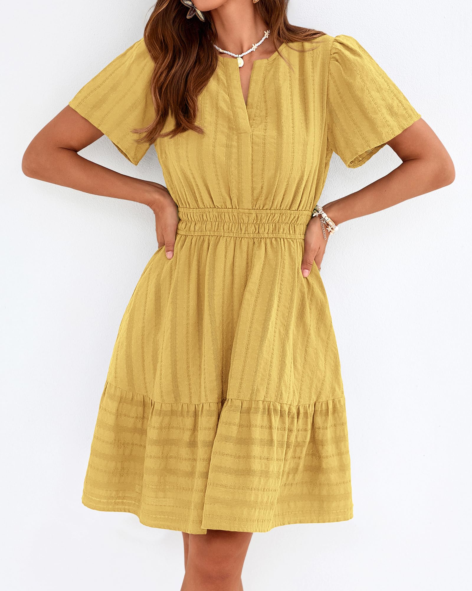 BTFBM Womens Spring  Casual Mini Dresses Lightweight Short Sleeve V Neck Elastic Waist Cute Boho Beach Dress Pockets