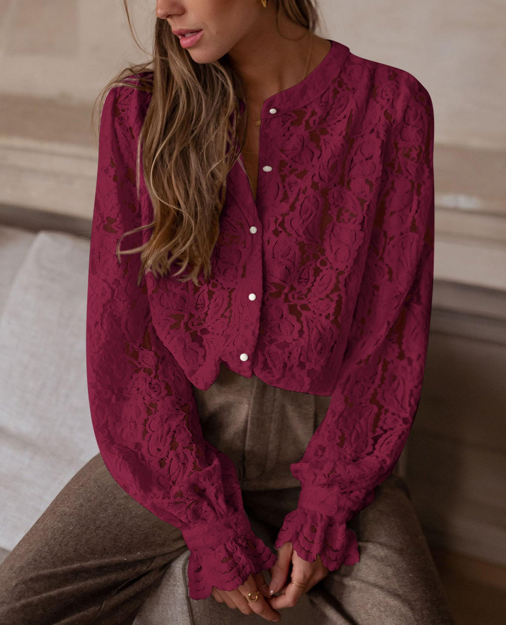 PRETTYGARDEN Women's Dressy Casual Lace Blouse Long Sleeve Button Up Shirts Tops Spring Fall Fashion Clothes