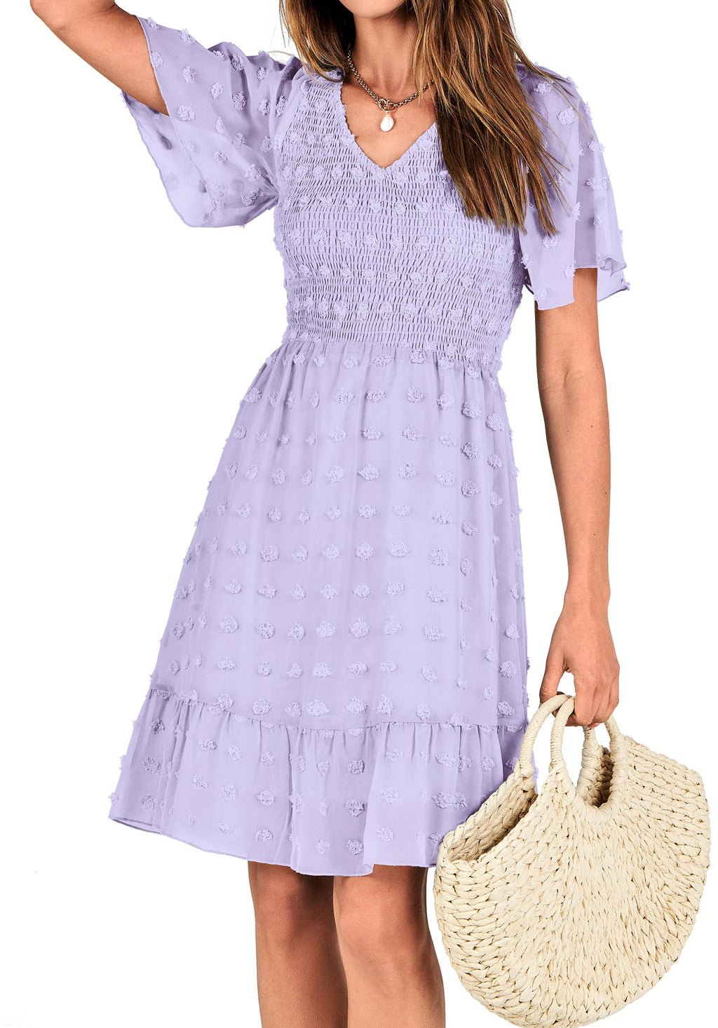 FreshPretty Womens Beach Vacation Dress Summer V Neck Short Sleeve Smocked Swiss Dot Cute Ruffle Casual Fall Mini Dresses