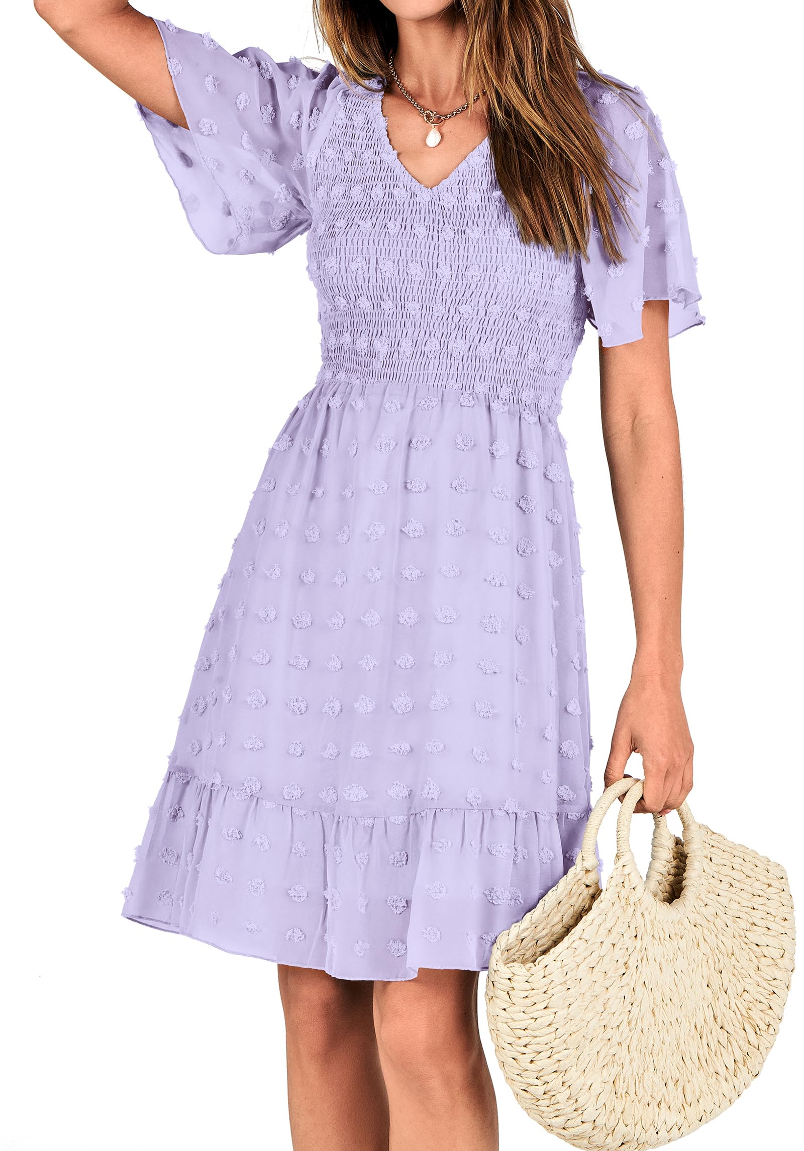 FreshPretty Womens Beach Vacation Dress Summer V Neck Short Sleeve Smocked Swiss Dot Cute Ruffle Casual Fall Mini Dresses