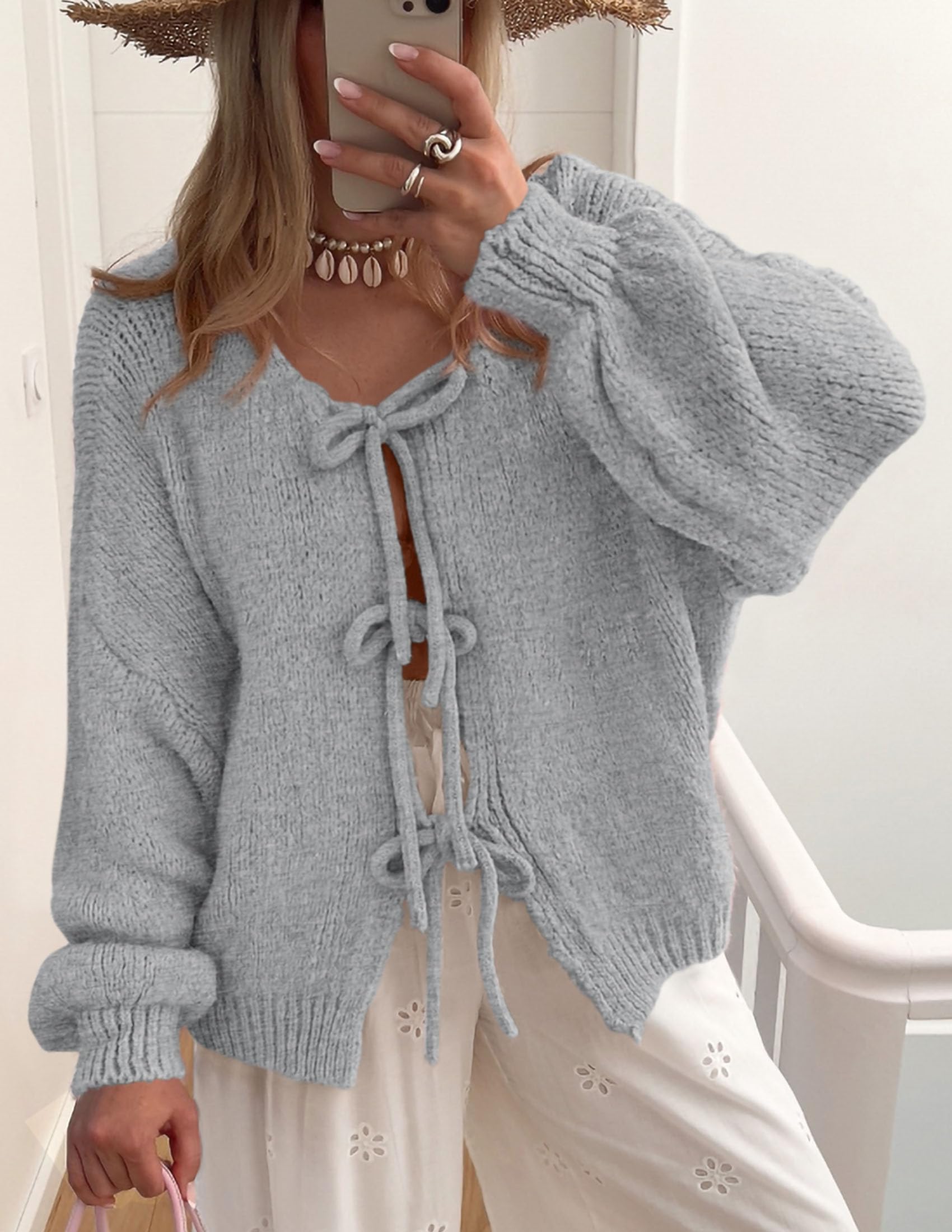 PRETTYGARDEN Women's Tie Front Bow Cardigan Sweaters Chunky Knit Long Puff Sleeve Trendy Fall Winter Jacket Coat