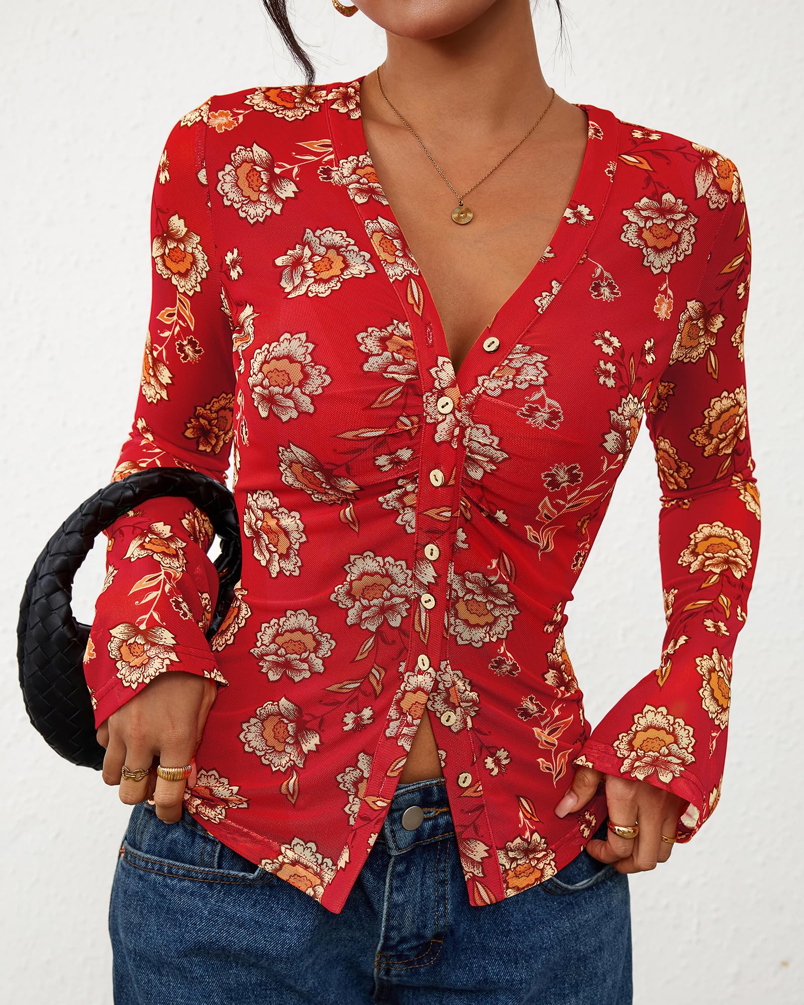 FreshPretty Button Down Shirts for Women Fall Fashion V Neck Long Sleeve Blouse Ruched Mesh Fitted Floral Print Boho Tops