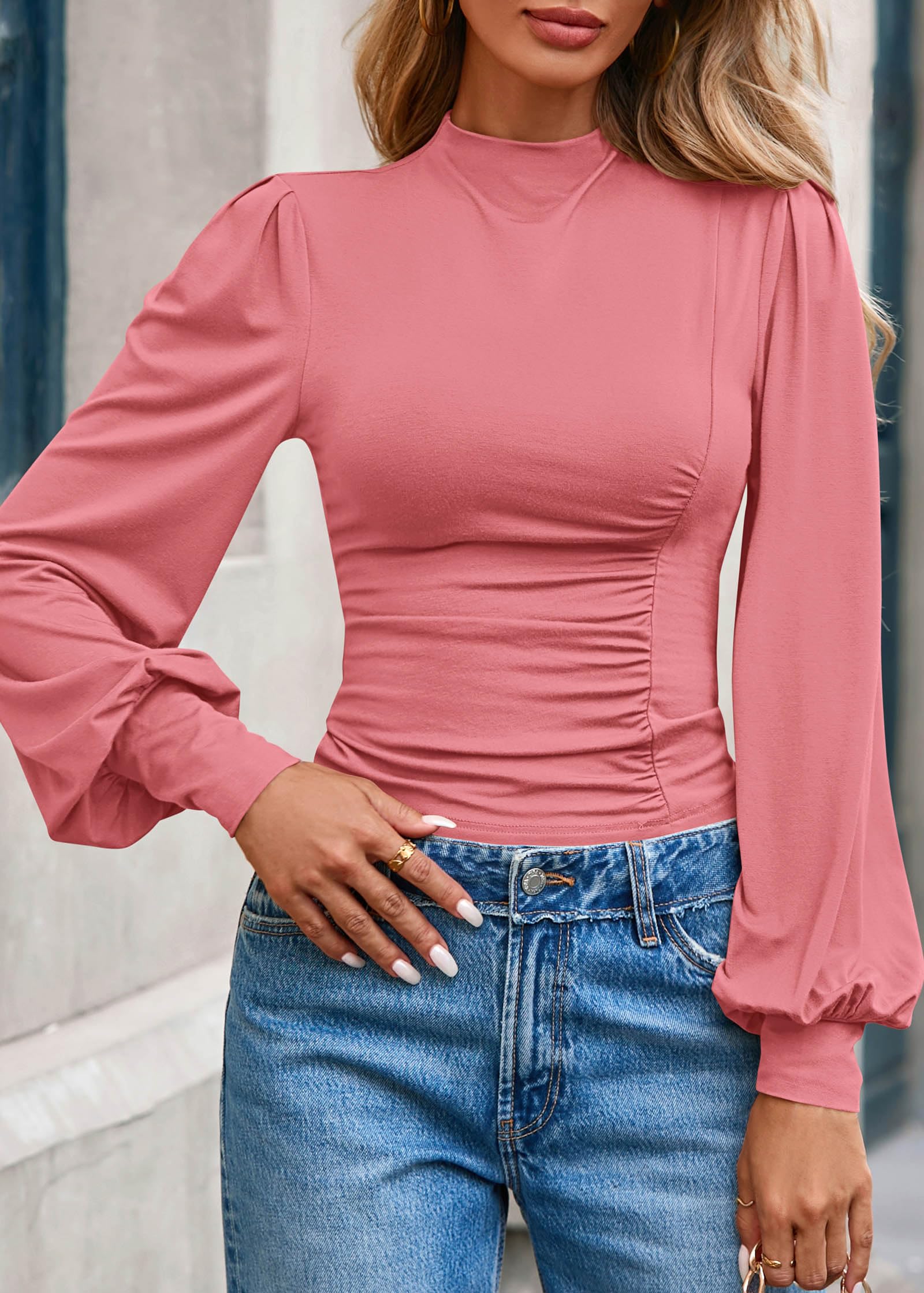 FreshPretty Blouses for Women Dressy Casual Spring Tops Fall Puff Long Sleeve Shirts Fitted Mock Neck Ruched Trendy Tops