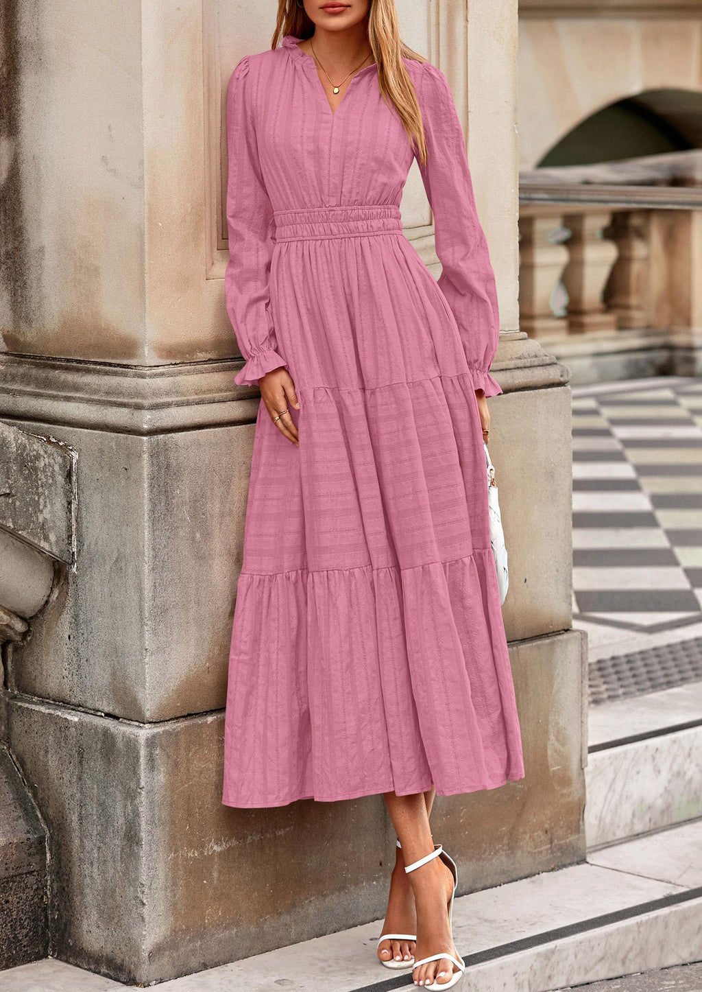 PRETTYGARDEN Women's Fall Wedding Guest Dresses Long Sleeve V Neck Flowy Elegant Holiday Party Maxi Dress with Pockets