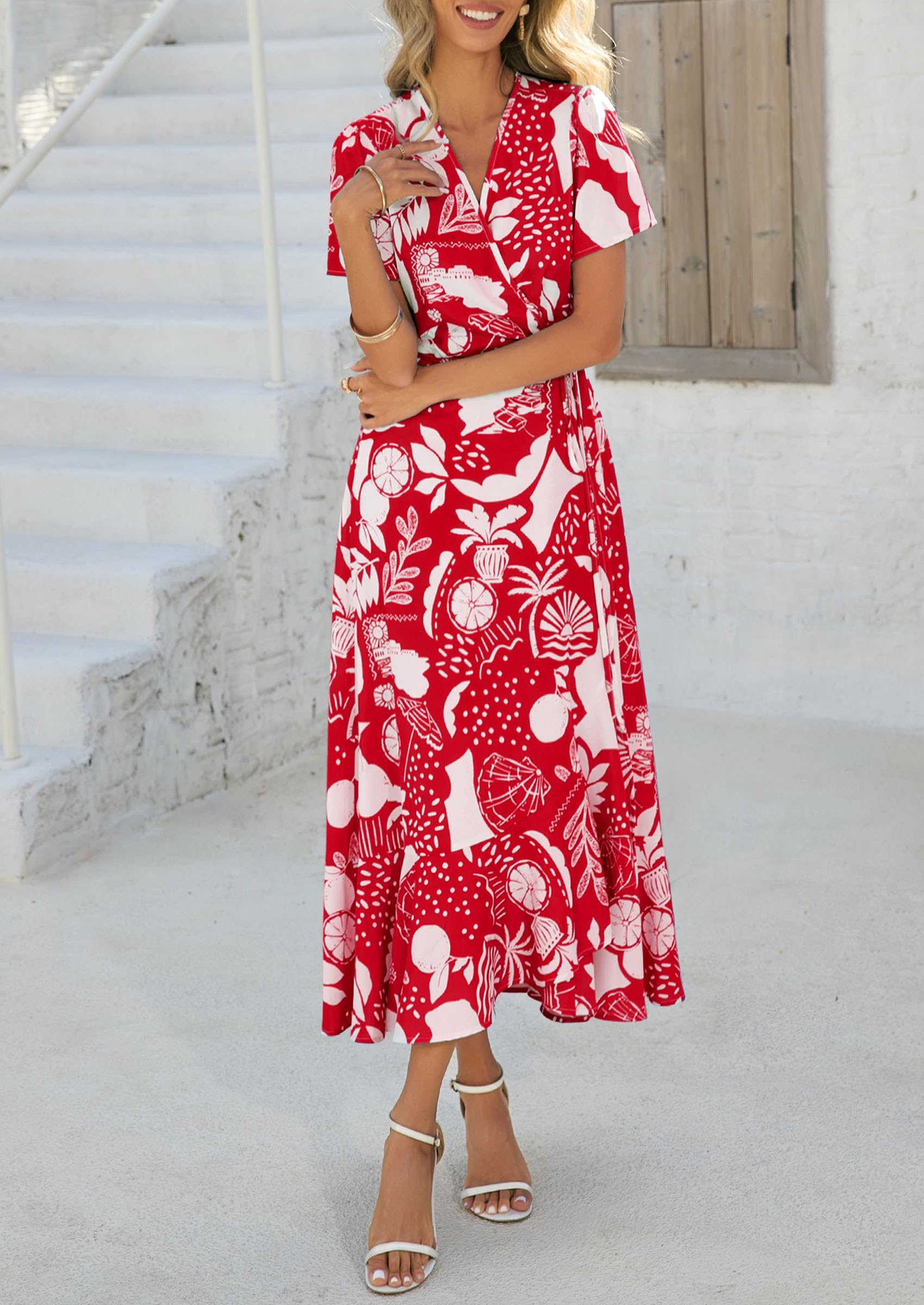 PRETTYGARDEN Women's Summer Maxi Dress Casual Wrap Floral Boho Short Sleeve V Neck Split Ruffle Beach Long Dresses