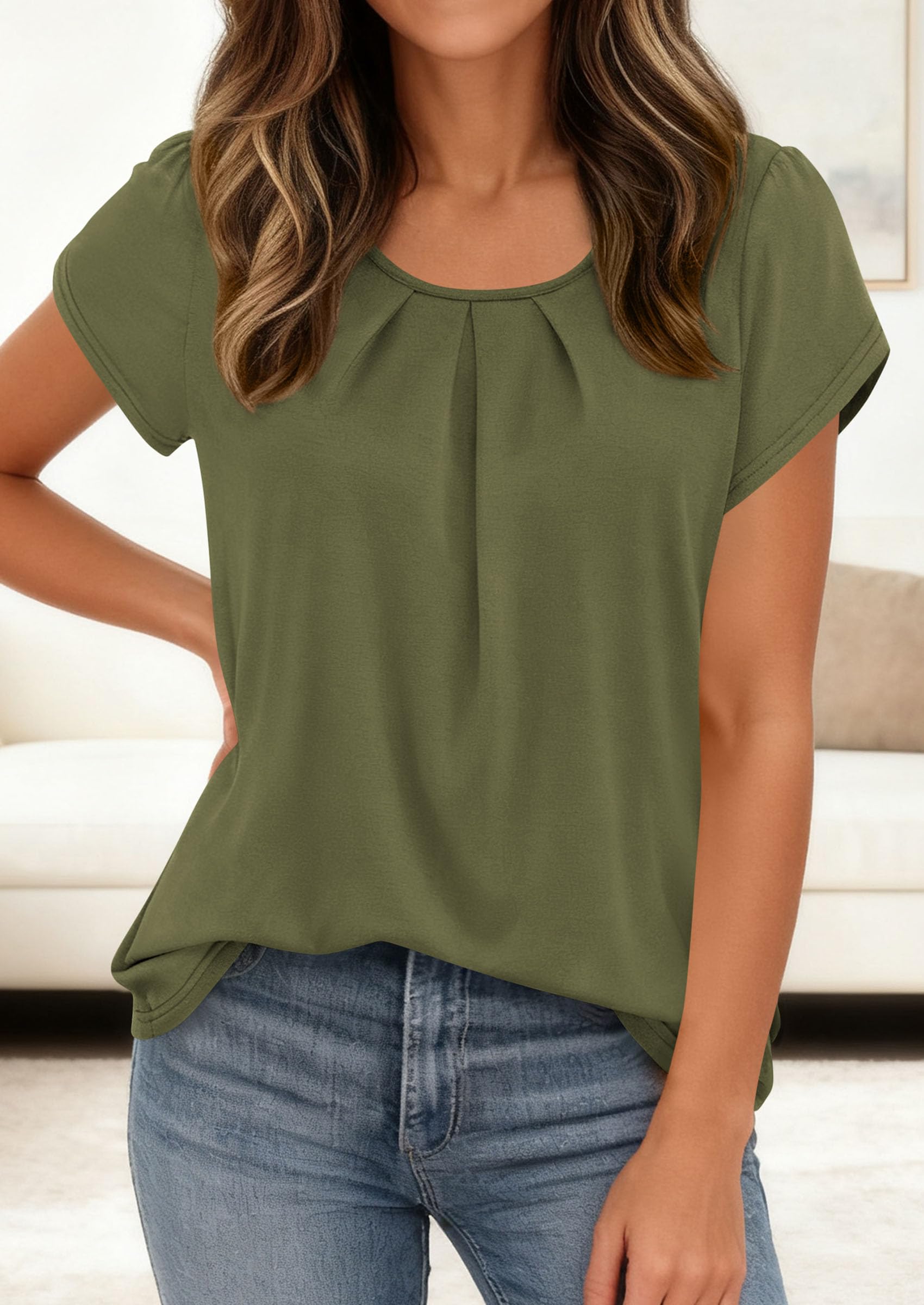 PRETTYGARDEN Womens Tops Dressy Casual Summer Short Sleeve Blouses Crew Neck Pleated Basic T Shirts Spring Clothes