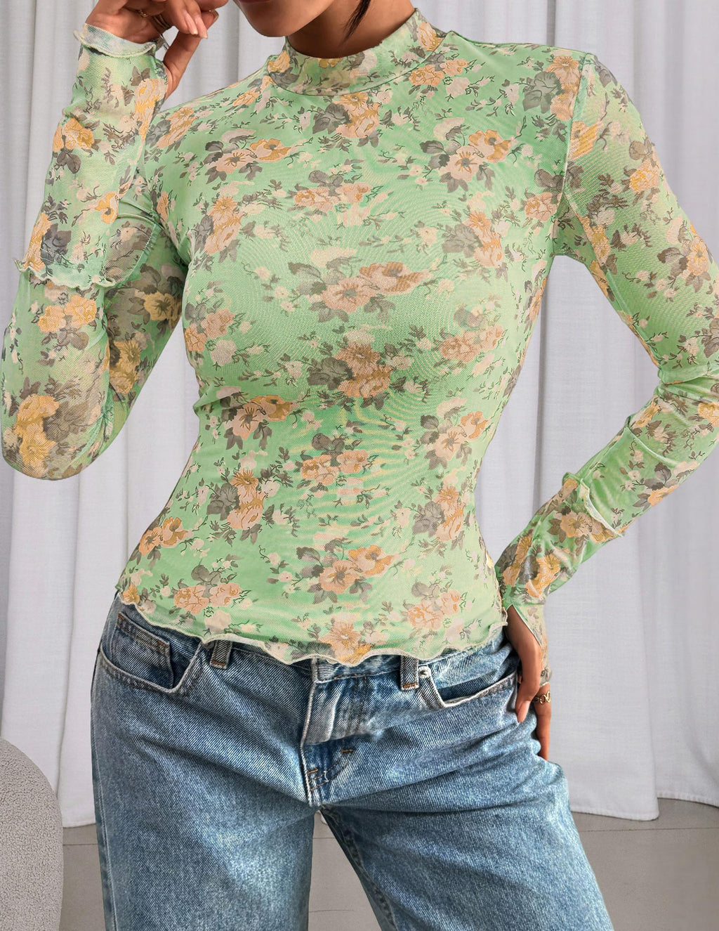 PRETTYGARDEN Womens Fall Mesh Floral Blouses Long Sleeve Going Out Tops Slim Fitted Shirts Date Night Outfits