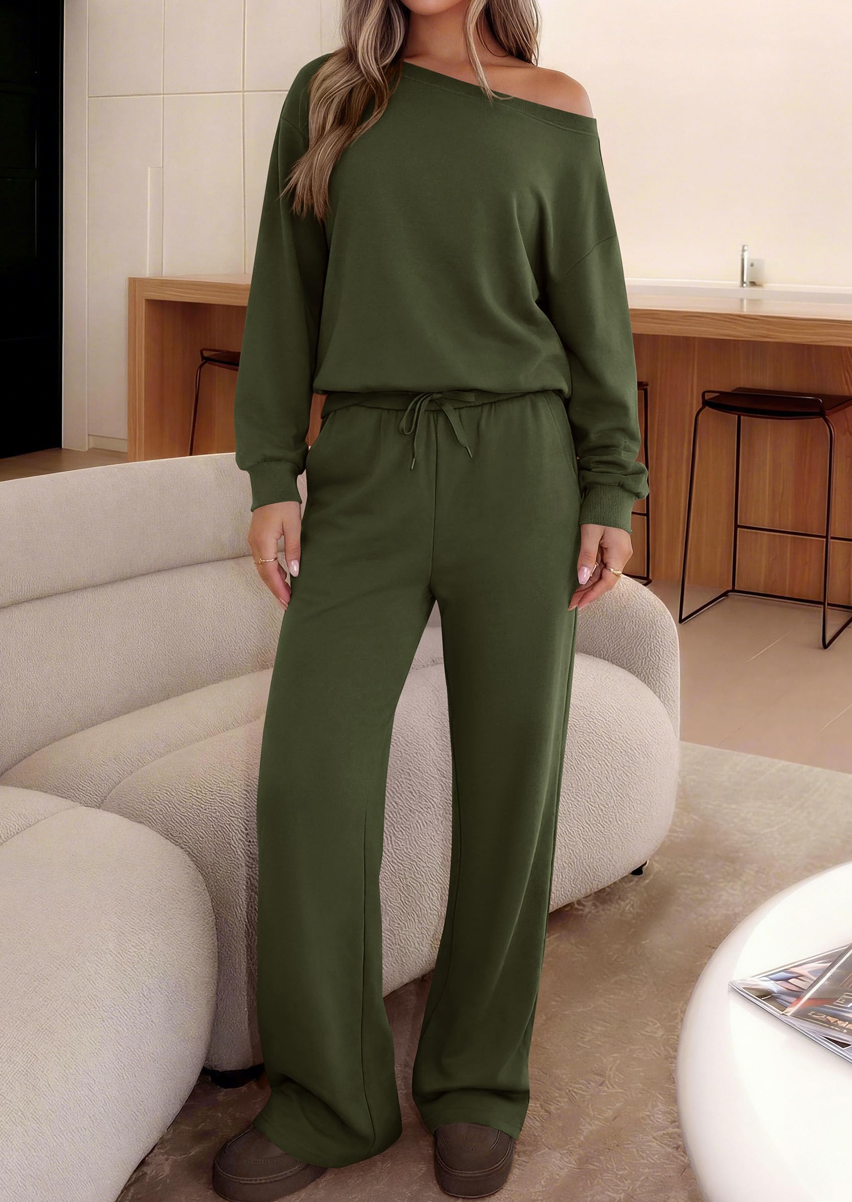 PRETTYGARDEN Womens 2 Piece Casual Matching Lounge Sets Fashion Off the Shoulder Sweatshirt, Wide Leg Pants with Pockets, Comfy Airport Travel Outfit,Trendy Fall Set