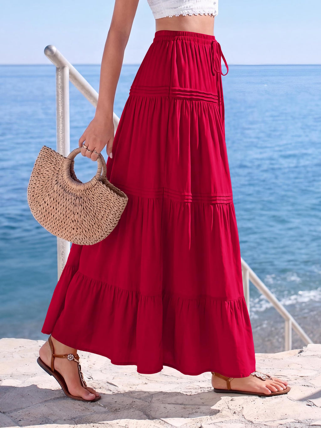 BTFBM Spring Skirts for Women Summer Boho Beach Vacation Clothes Casual Pleated High Waisted Flowy Maxi Skirt