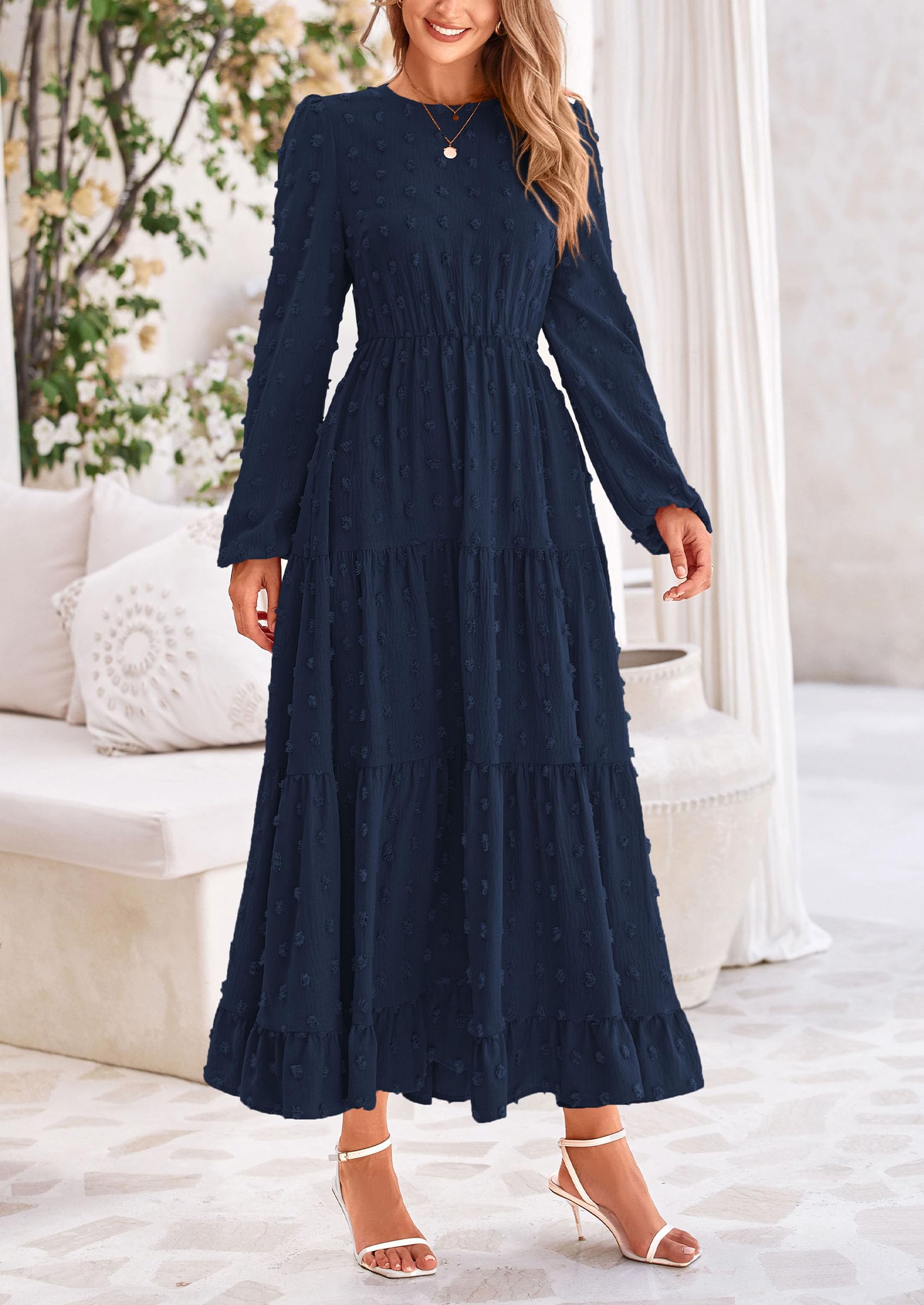 PRETTYGARDEN Women's Fall Spring Elegant Long Sleeve Maxi Dress Swiss Dot A Line Flowy Casual Holiday Party Going Out Dresses
