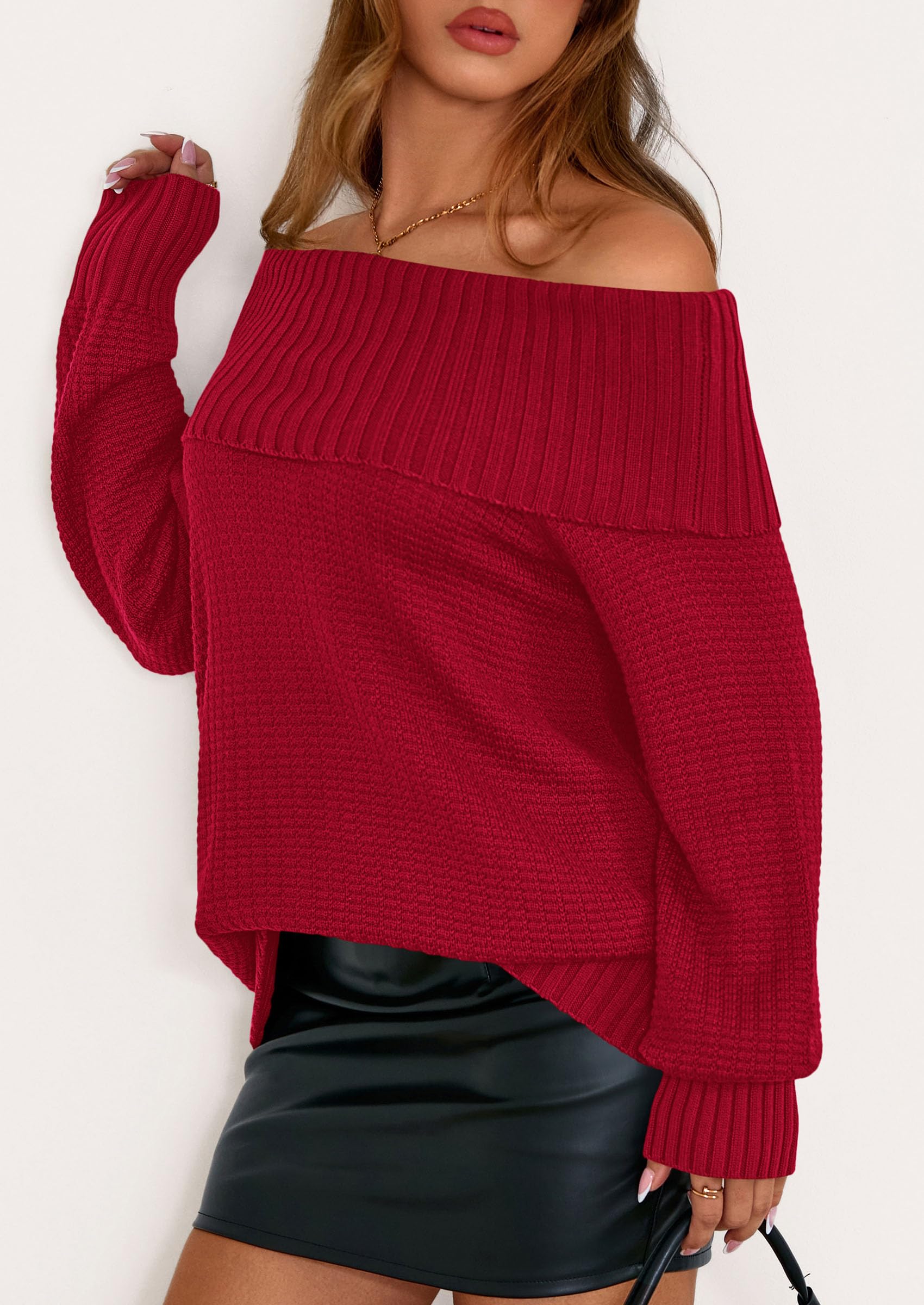 PRETTYGARDEN Womens Off The Shoulder Sweater Long Sleeve Tops Loose Knit Pullover Sweaters Fashion Fall Clothes