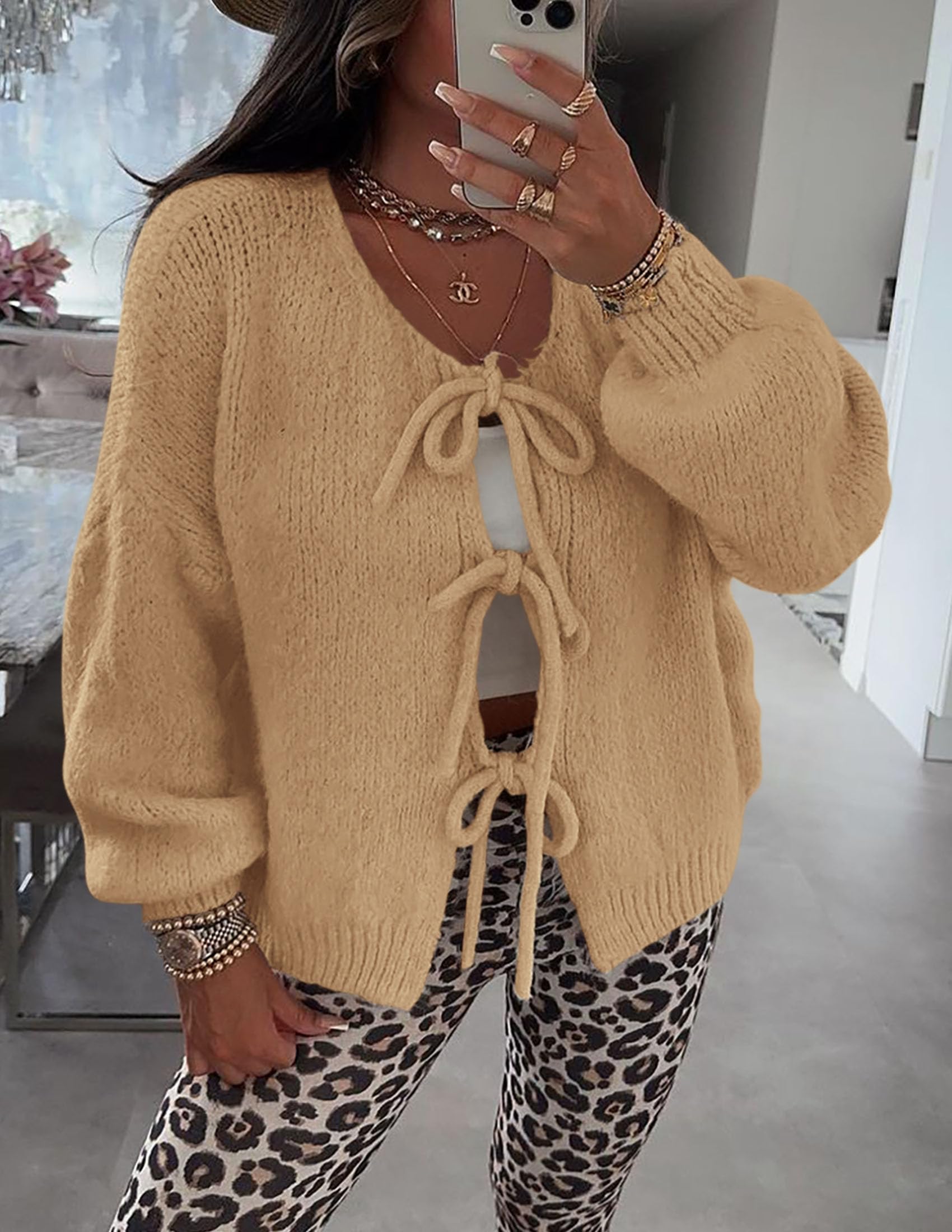 PRETTYGARDEN Women's Tie Front Bow Cardigan Sweaters Chunky Knit Long Puff Sleeve Trendy Fall Winter Jacket Coat