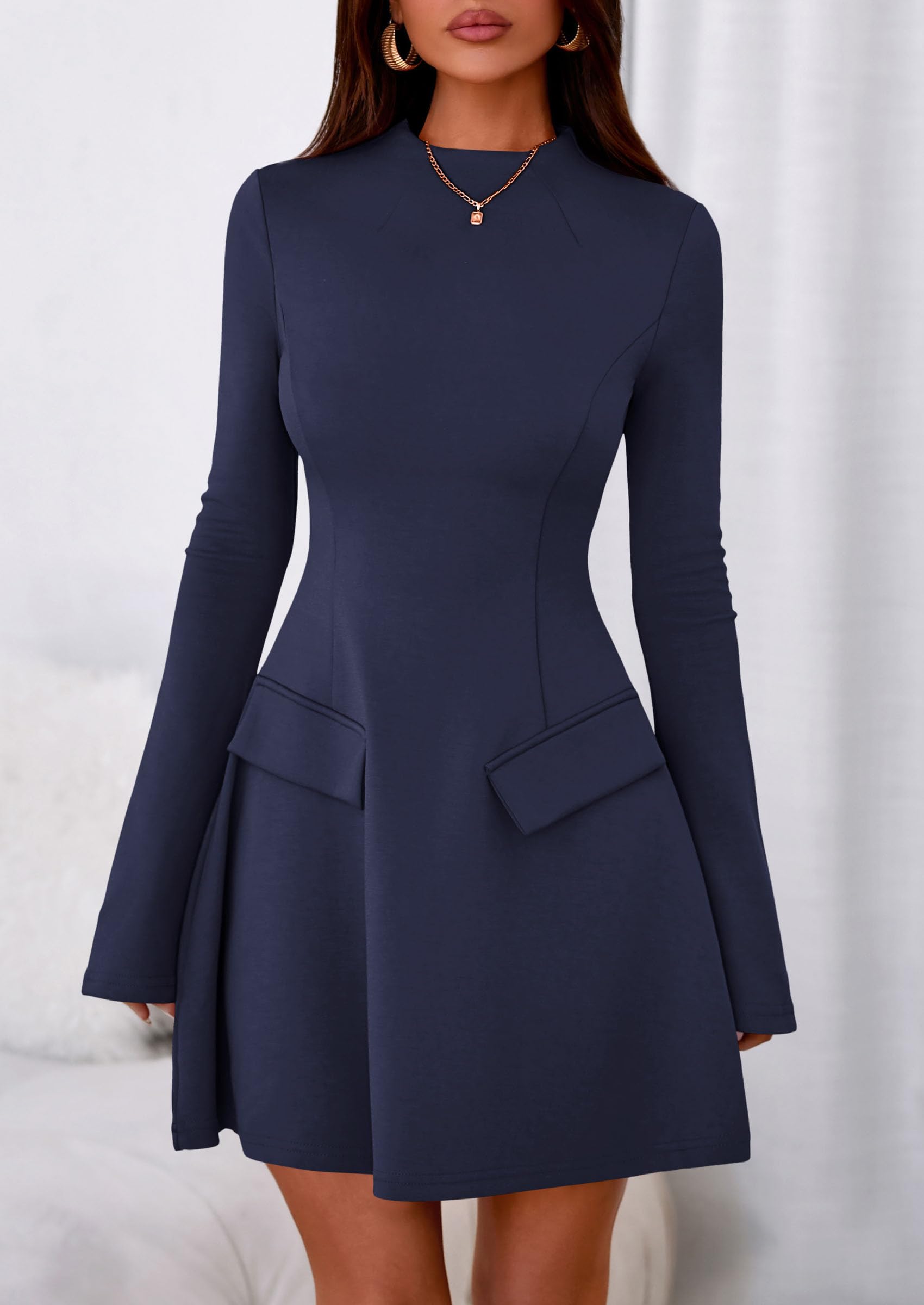 PRETTYGARDEN Women's Elegant Holiday Short Dress  Fall Bell Long Sleeve Mock Neck Work Business Casual Party Mini Dress