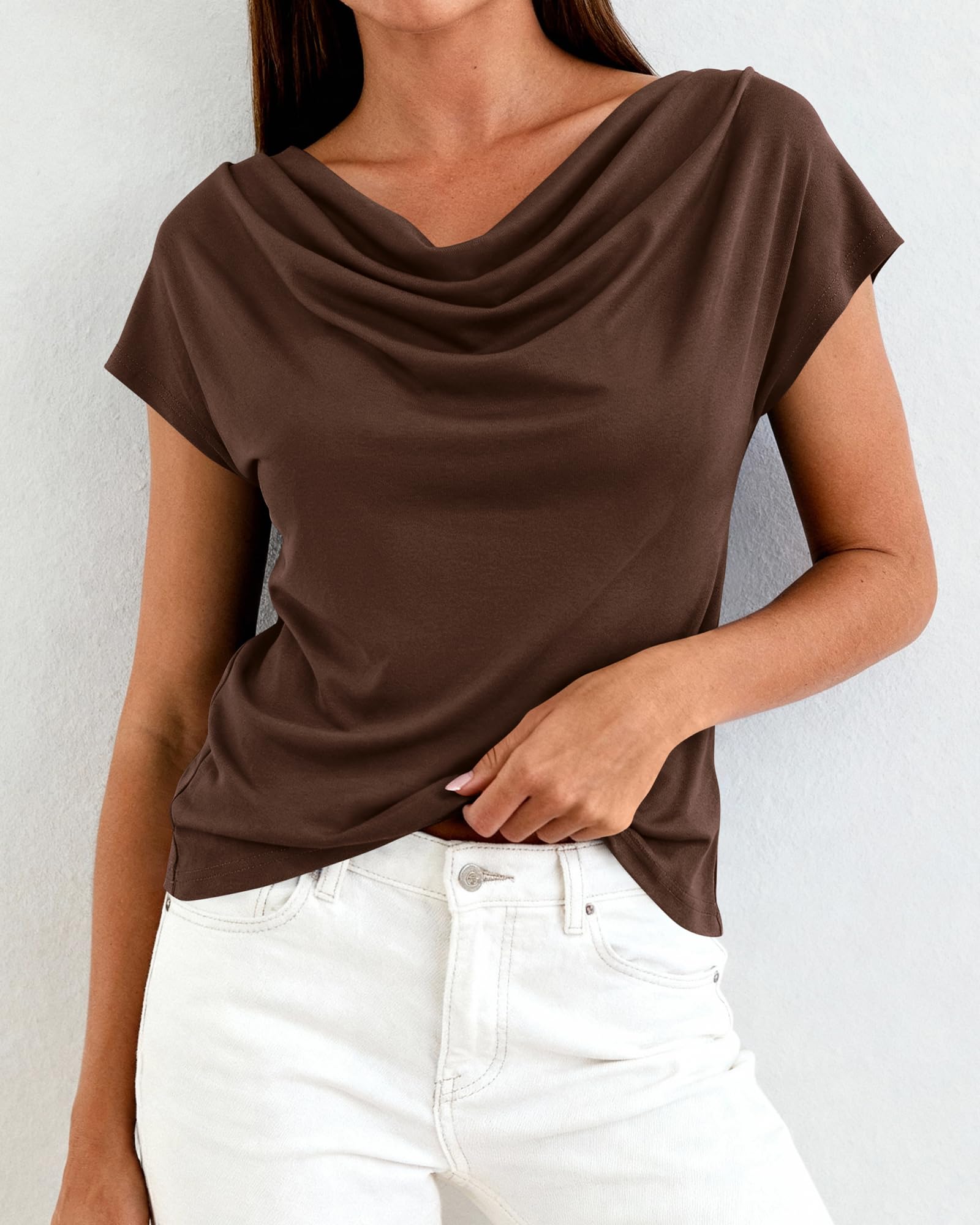 FreshPretty Blouses for Women Dressy Casual Spring Summer Tops Cowl Neck Short Sleeve Shirts Work Office Business Outfits