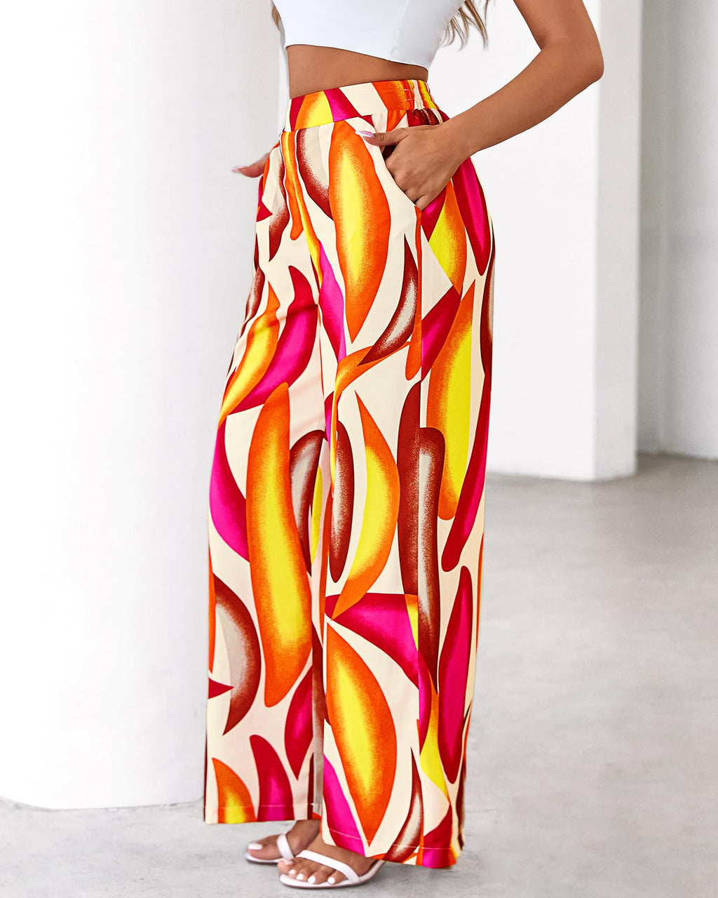 FreshPretty Womens Wide Leg Summer Pants Boho Beach Vacation Loose Elastic Waist Printed Palazzo Pant Pockets