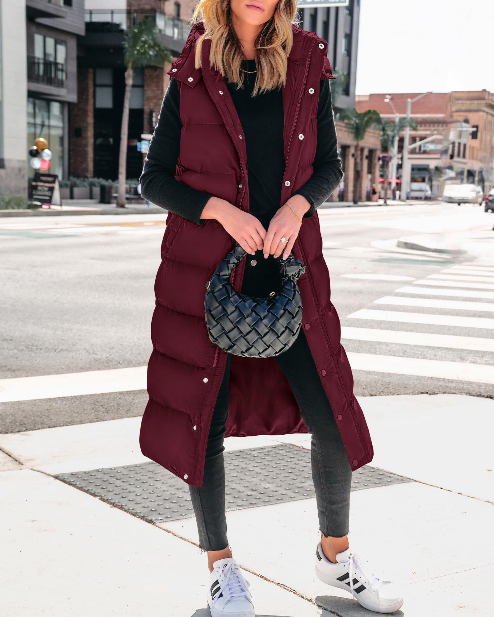 FreshPretty Long Puffer Vest Women Quilted Hooded Button Down Zip Up Sleeveless Vests Outerwear Padded Jacket Fall Winter Coat