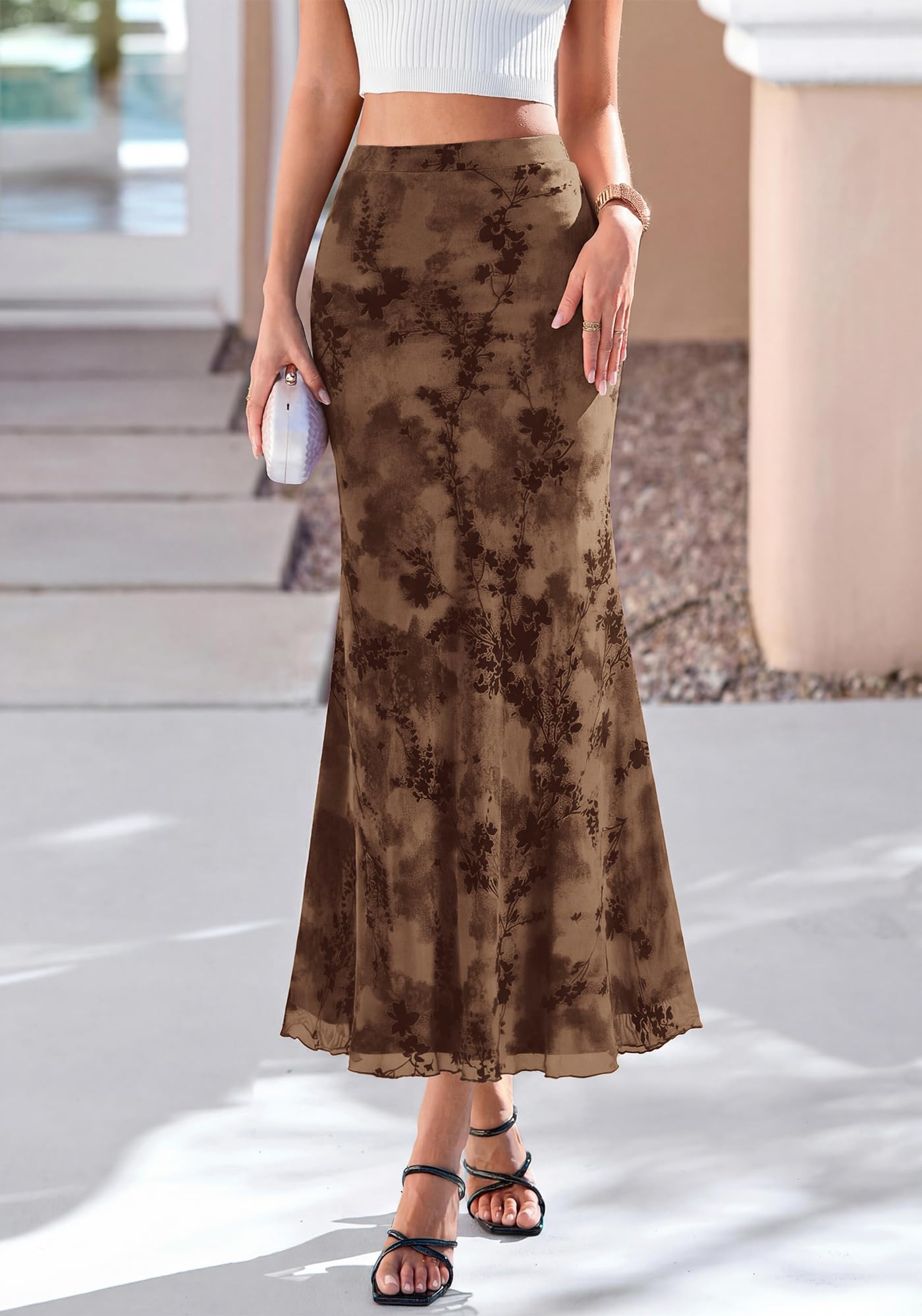 BTFBM Womens Floral Mesh Maxi Skirt Spring Summer Elastic High Waisted Boho Elegant Mermaid Long Skirts for Women