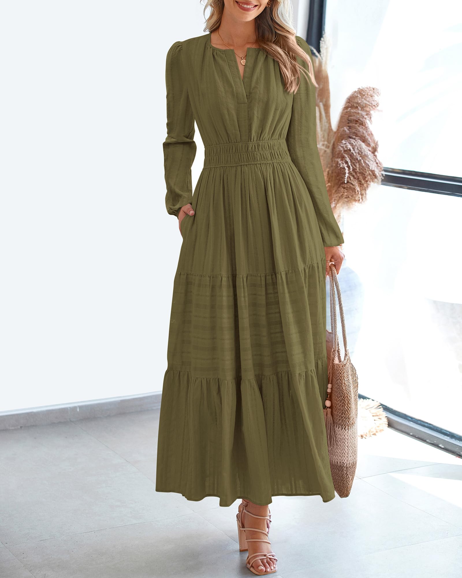 FreshPretty Fall Dresses for Women Casual Long Sleeve V Neck Elastic Waist Lightweight Maxi Wedding Guest Dress Pockets