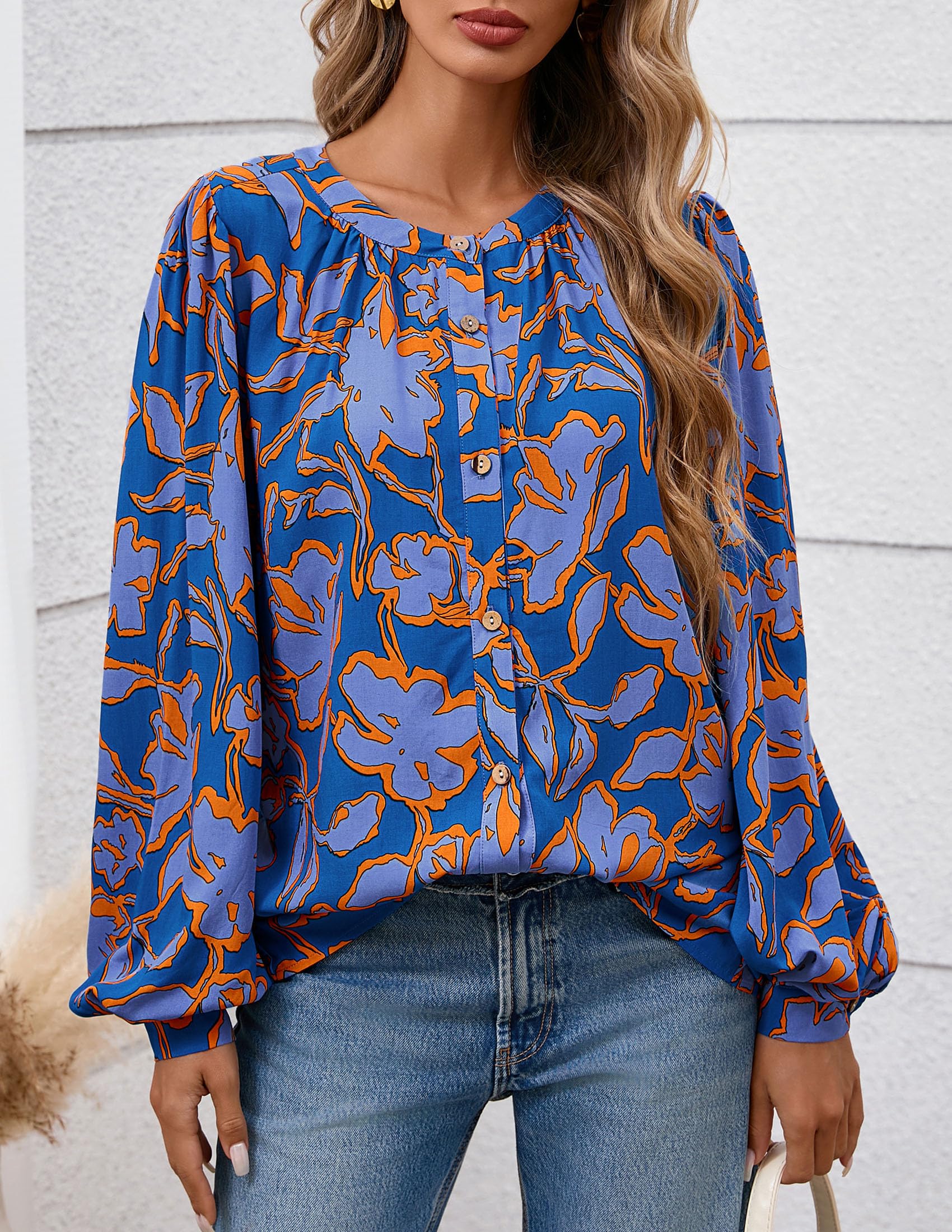 PRETTYGARDEN Women's Floral Button Down Blouse Fall Fashion Dressy Casual Long Sleeve Oversized Shirts Top Boho Clothes