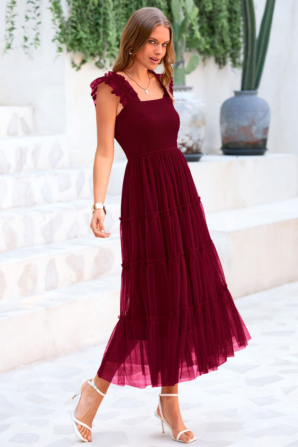 PRETTYGARDEN Women's Summer Tulle Midi Dress Sleeveless Smocked Ruffle Flowy Mesh Dresses Party Wedding Guest Sundress