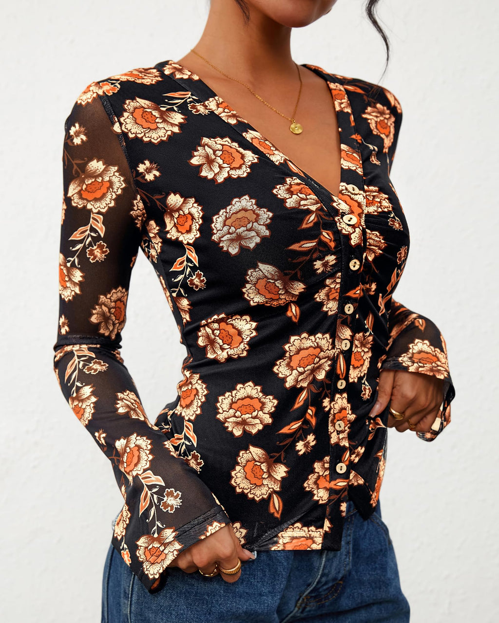 FreshPretty Button Down Shirts for Women Fall Fashion V Neck Long Sleeve Blouse Ruched Mesh Fitted Floral Print Boho Tops