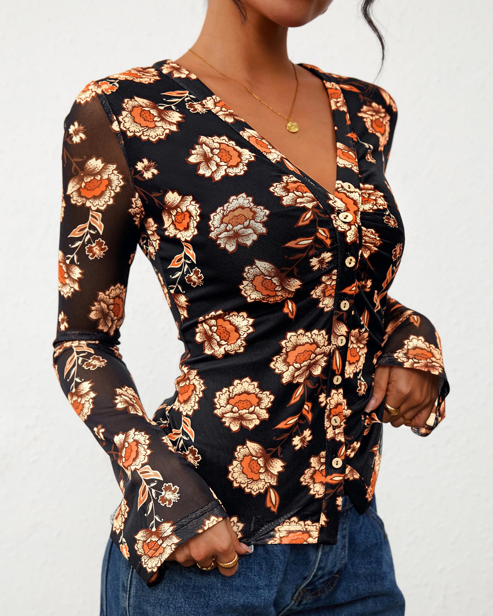 FreshPretty Button Down Shirts for Women Fall Fashion V Neck Long Sleeve Blouse Ruched Mesh Fitted Floral Print Boho Tops