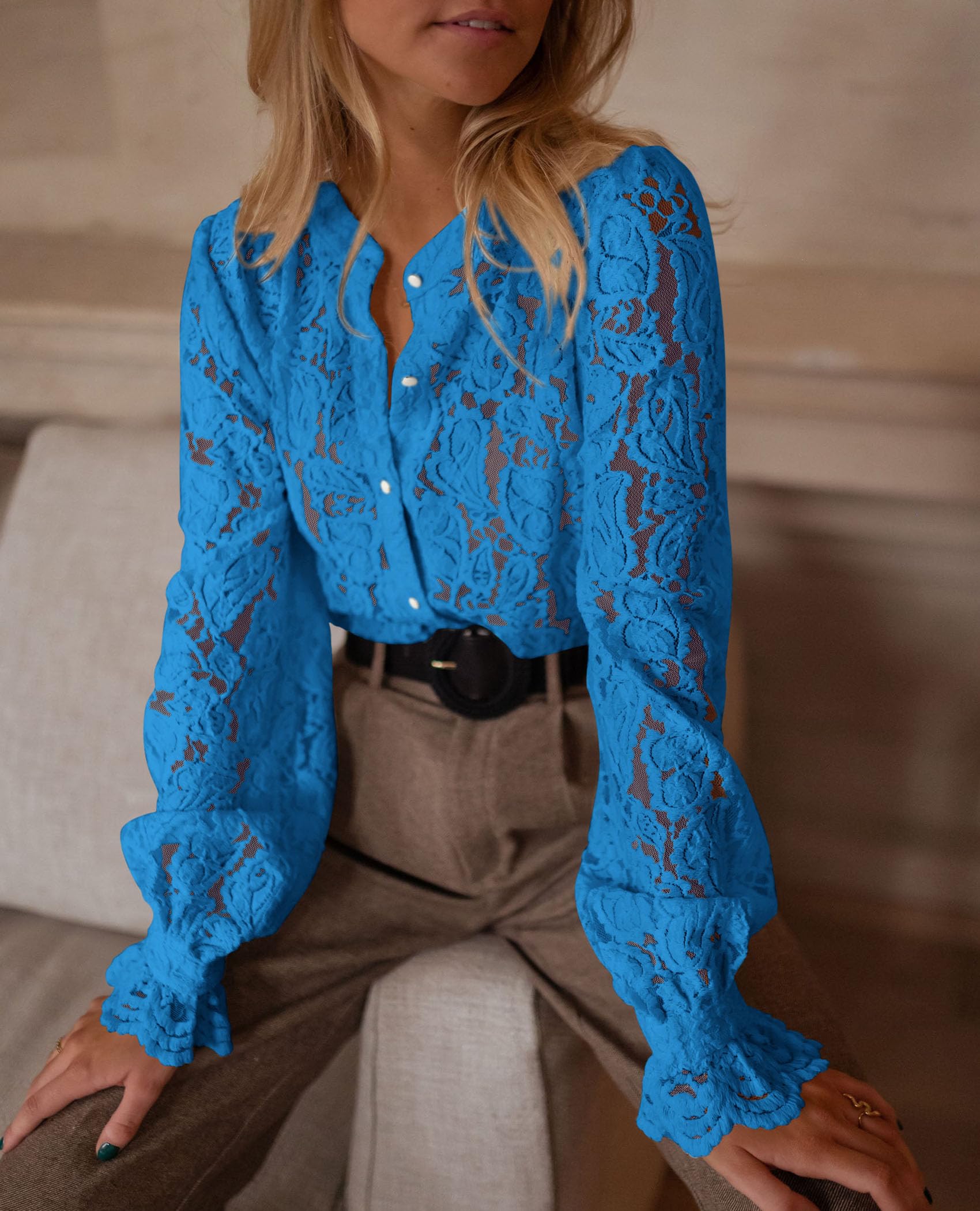 PRETTYGARDEN Women's Dressy Casual Lace Blouse Long Sleeve Button Up Shirts Tops Spring Fall Fashion Clothes